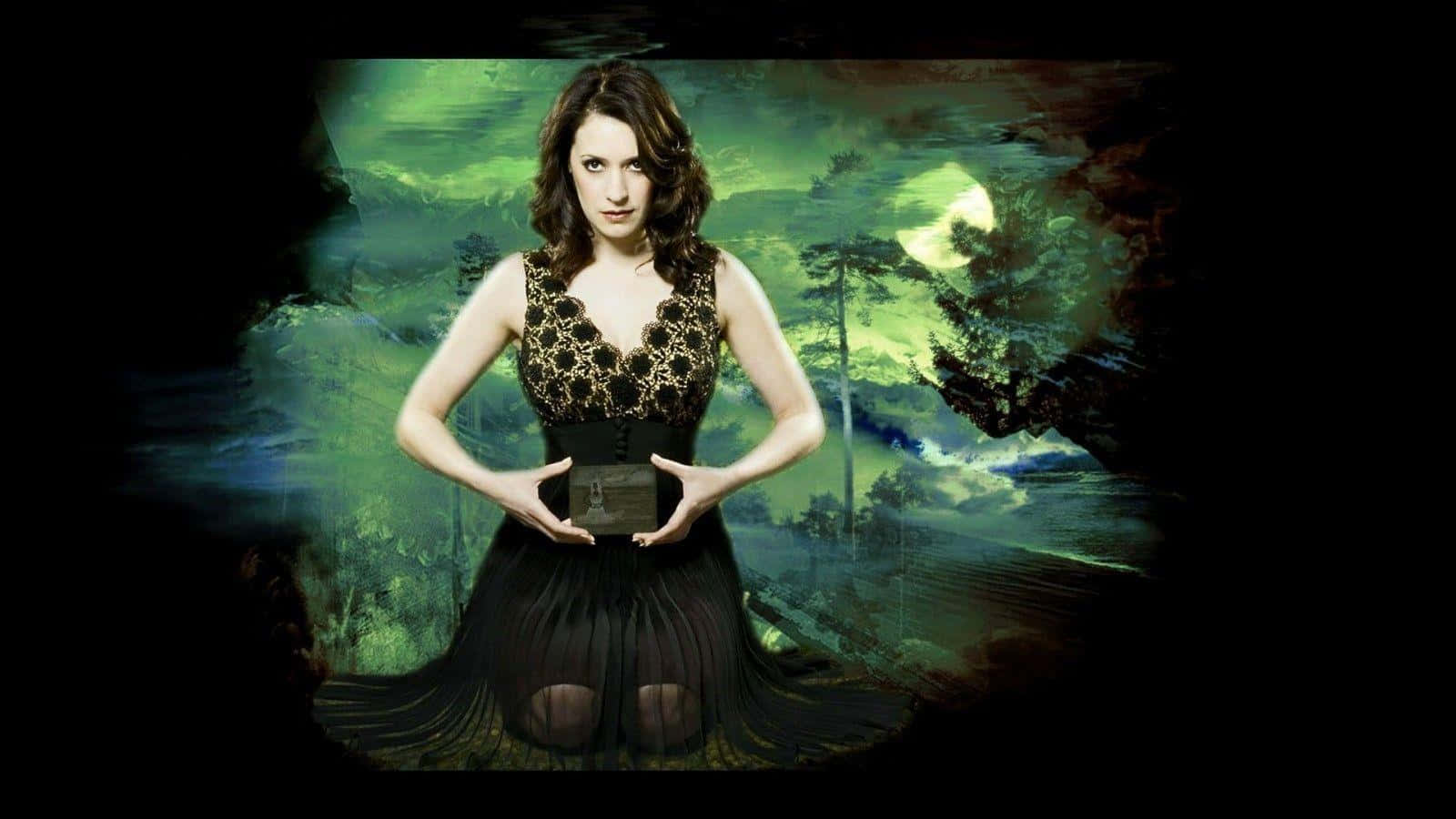 Paget Brewster, black lace dress, glowing green moonlit forest, HD Desktop Wallpaper