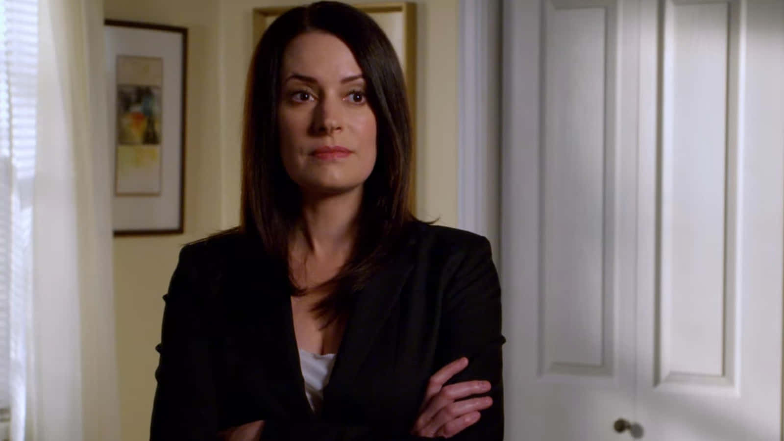 Paget Brewster, black blazer, warmly lit hallway, HD Desktop Wallpaper