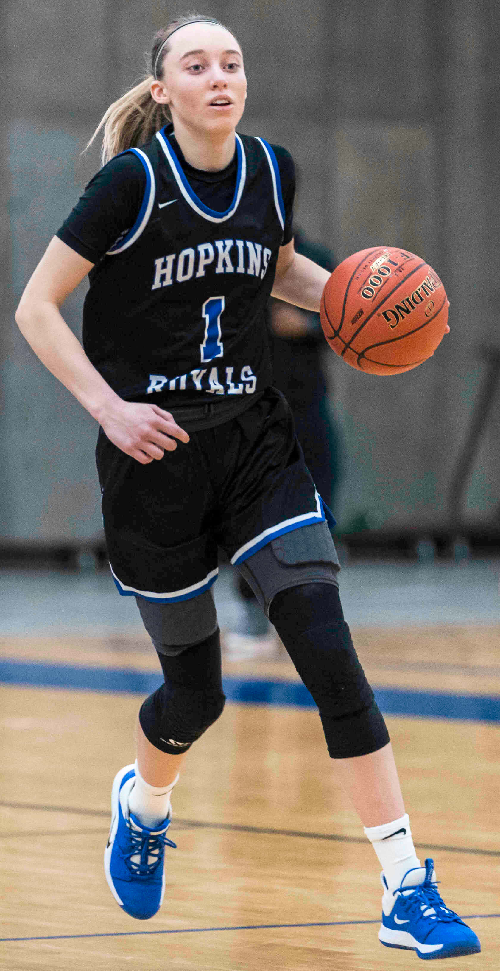 Paige Bueckers, black Hopkins Royals jersey, orange Spalding ball, 2K Phone Wallpaper