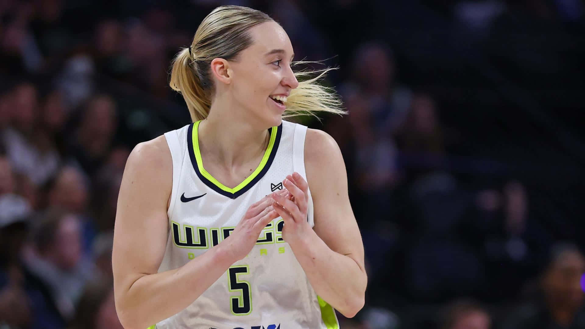 Paige Bueckers, white jersey, neon green accents, Full HD Desktop Wallpaper