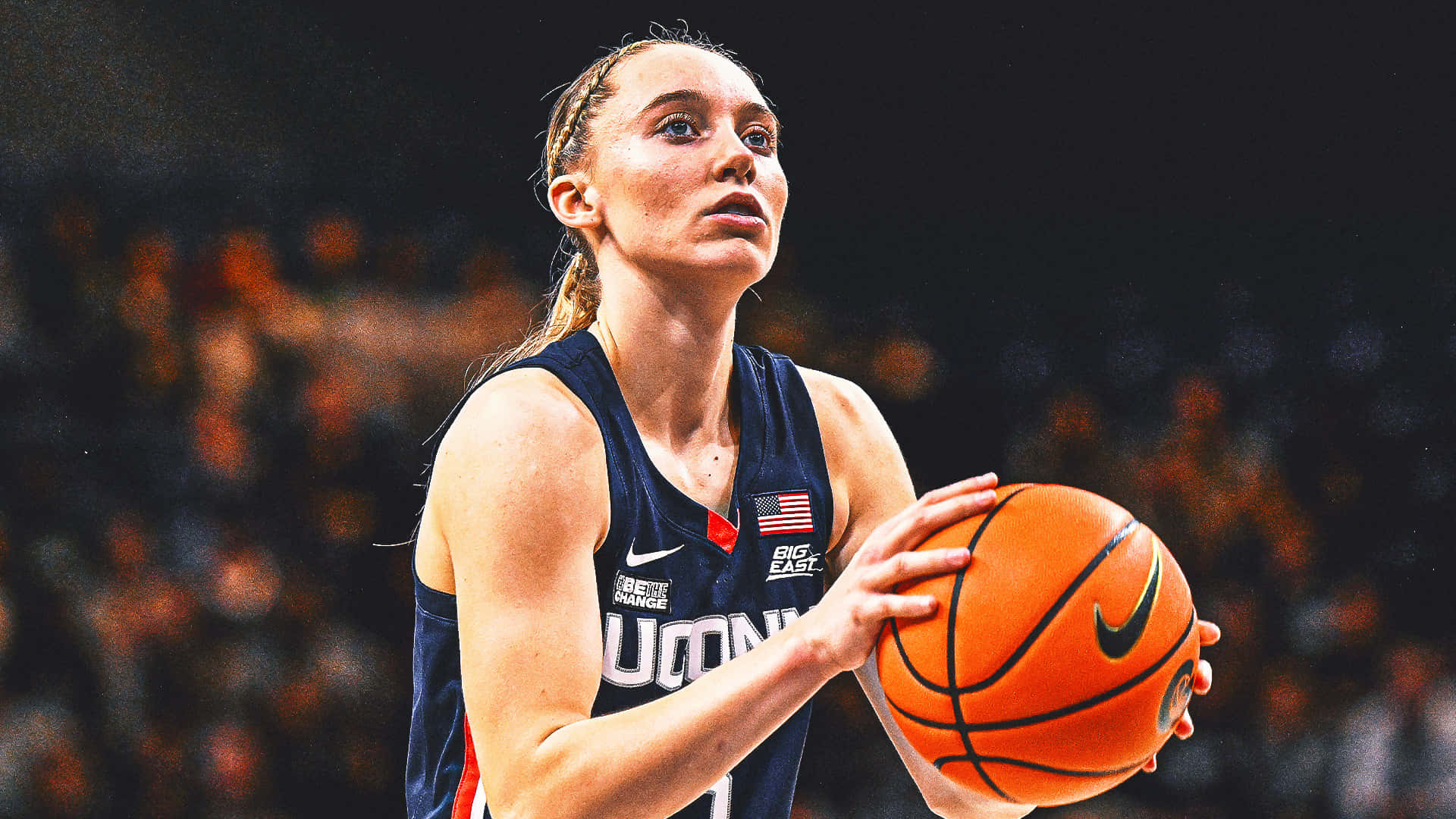 Paige Bueckers, navy blue jersey, orange basketball, Full HD Desktop Wallpaper