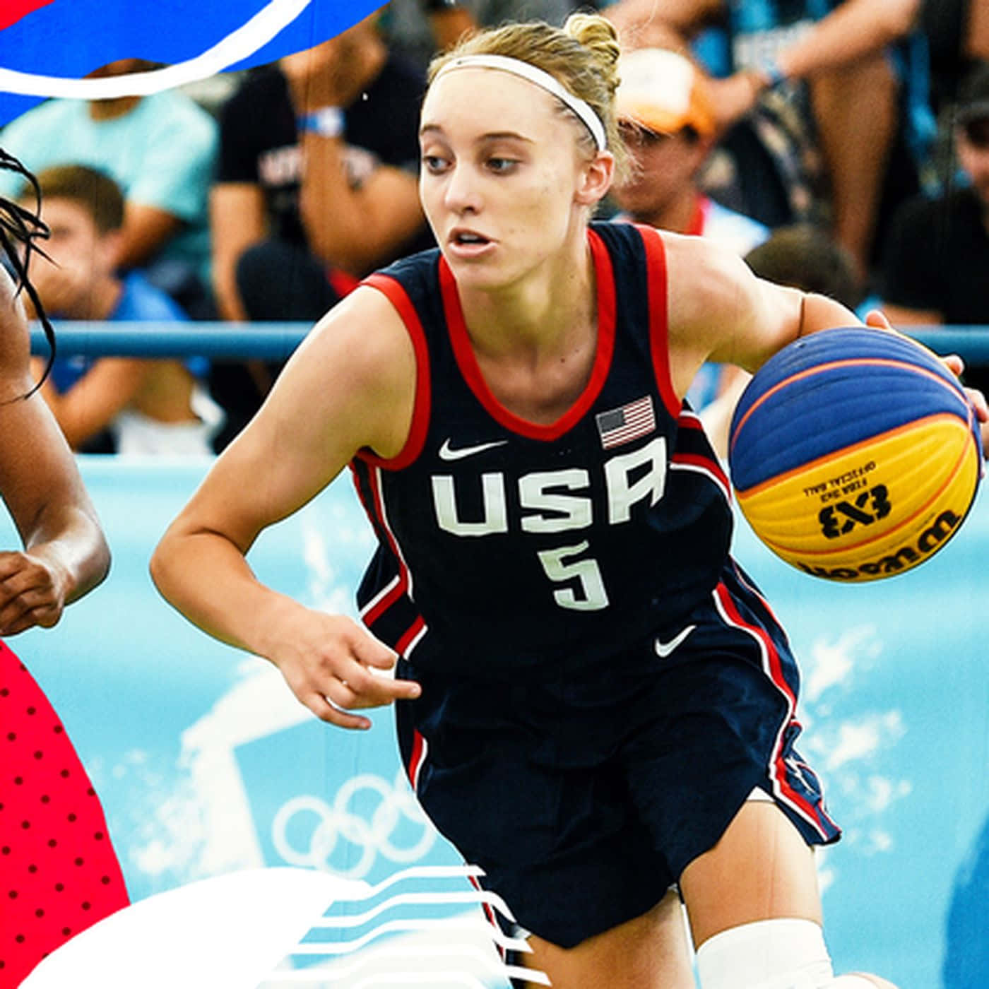 Paige Bueckers, navy blue jersey, blue and yellow ball, HD Desktop Wallpaper