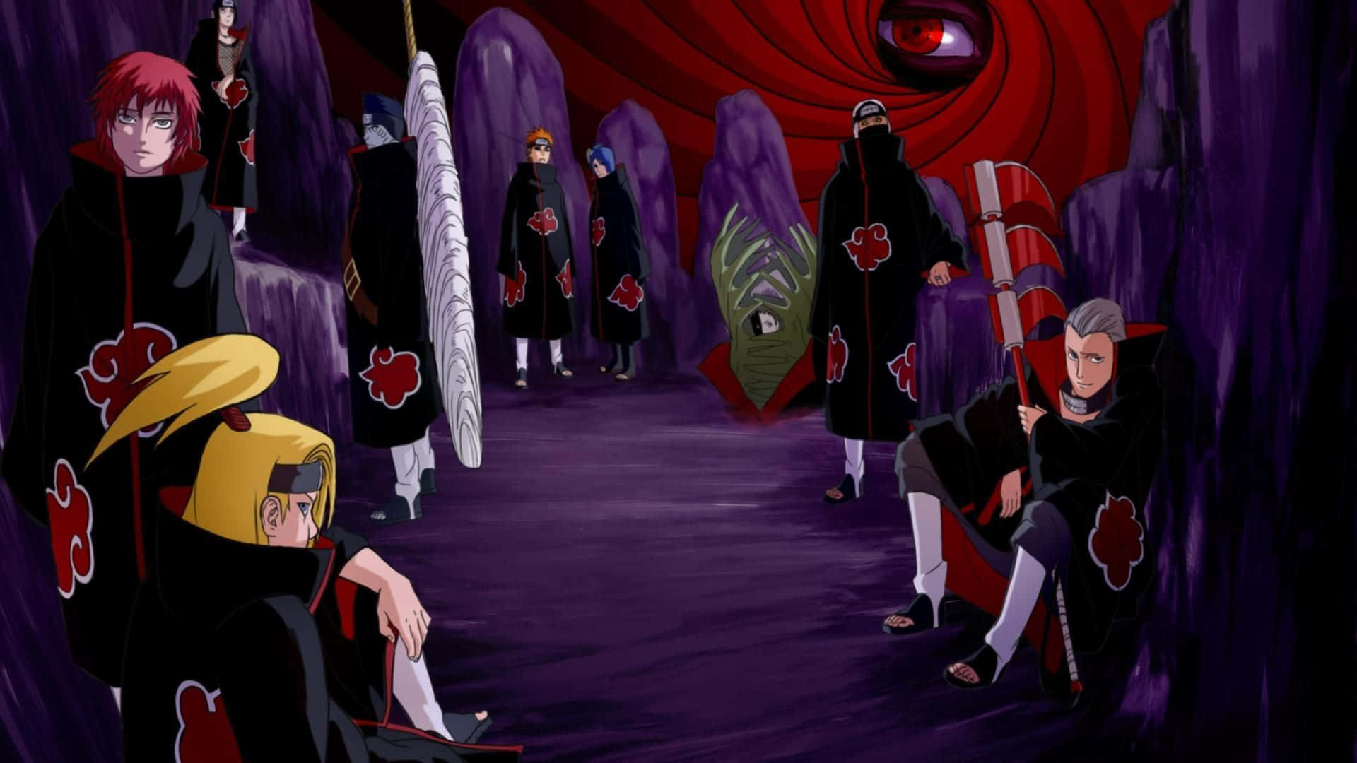 Akatsuki, black cloaks with red clouds, dark purple cave, Full HD Desktop Wallpaper