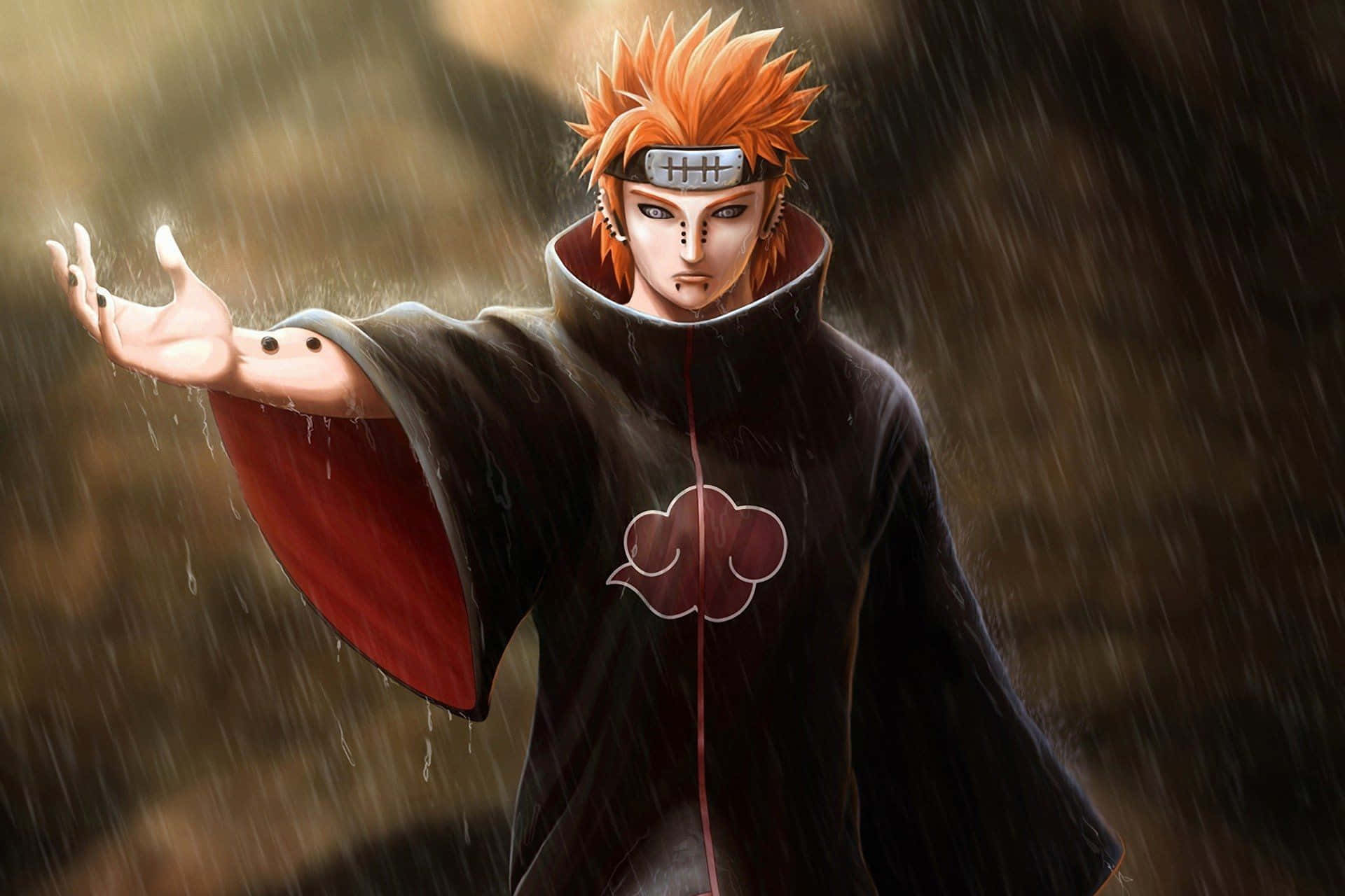 Pain Akatsuki, spiky orange hair, red cloud cloak, Full HD Desktop Wallpaper