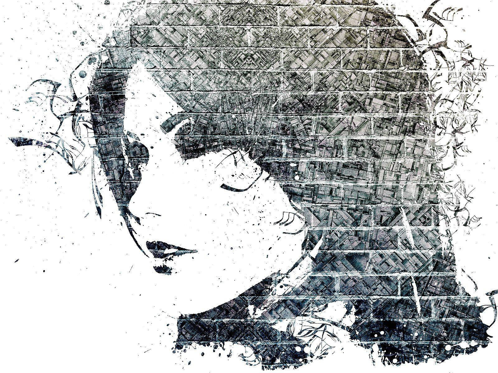 black and white, portrait of a woman's face, brick-like patterns, HD Desktop Wallpaper