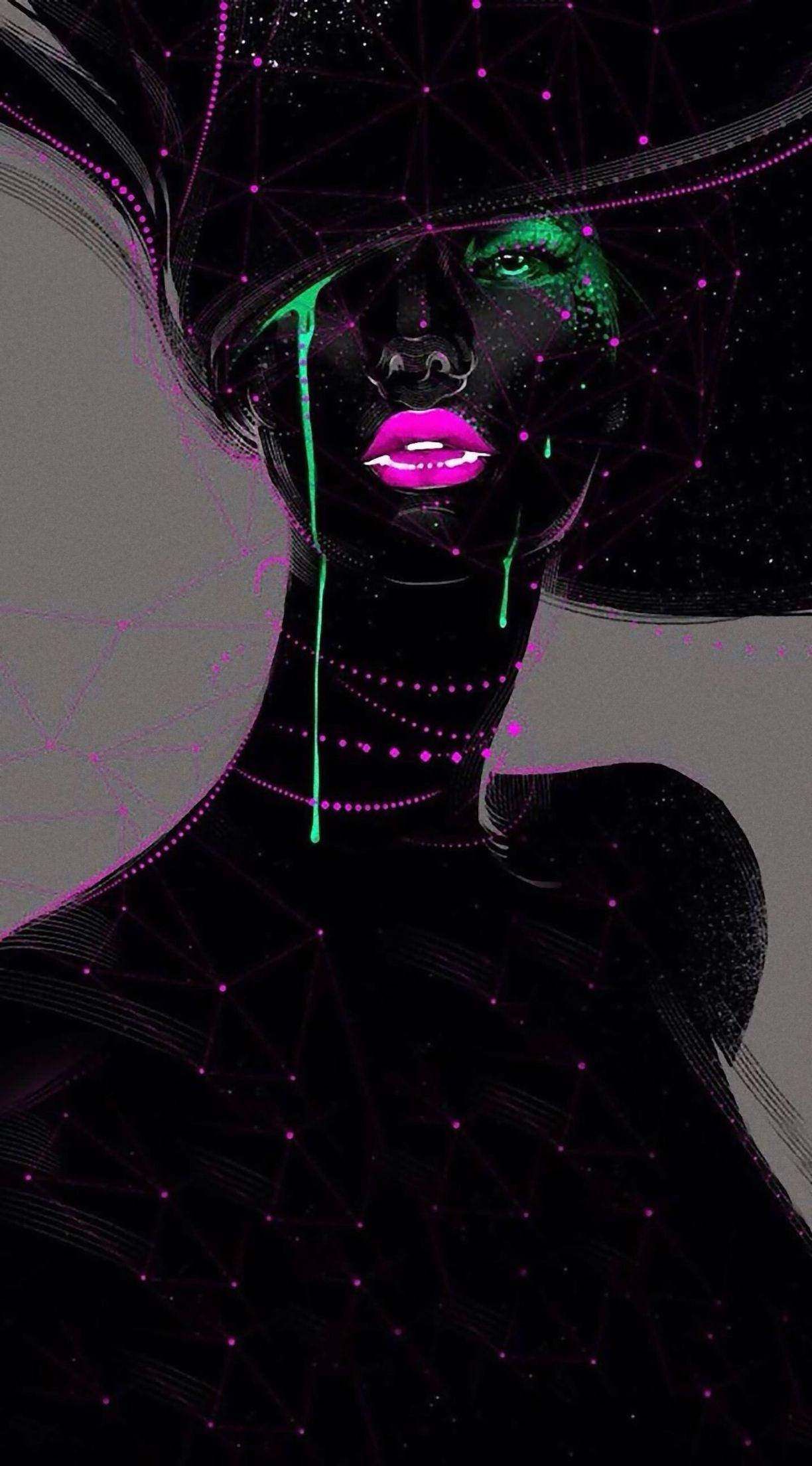 Pain Black And White, glowing pink lips, green liquid, Full HD Phone Wallpaper