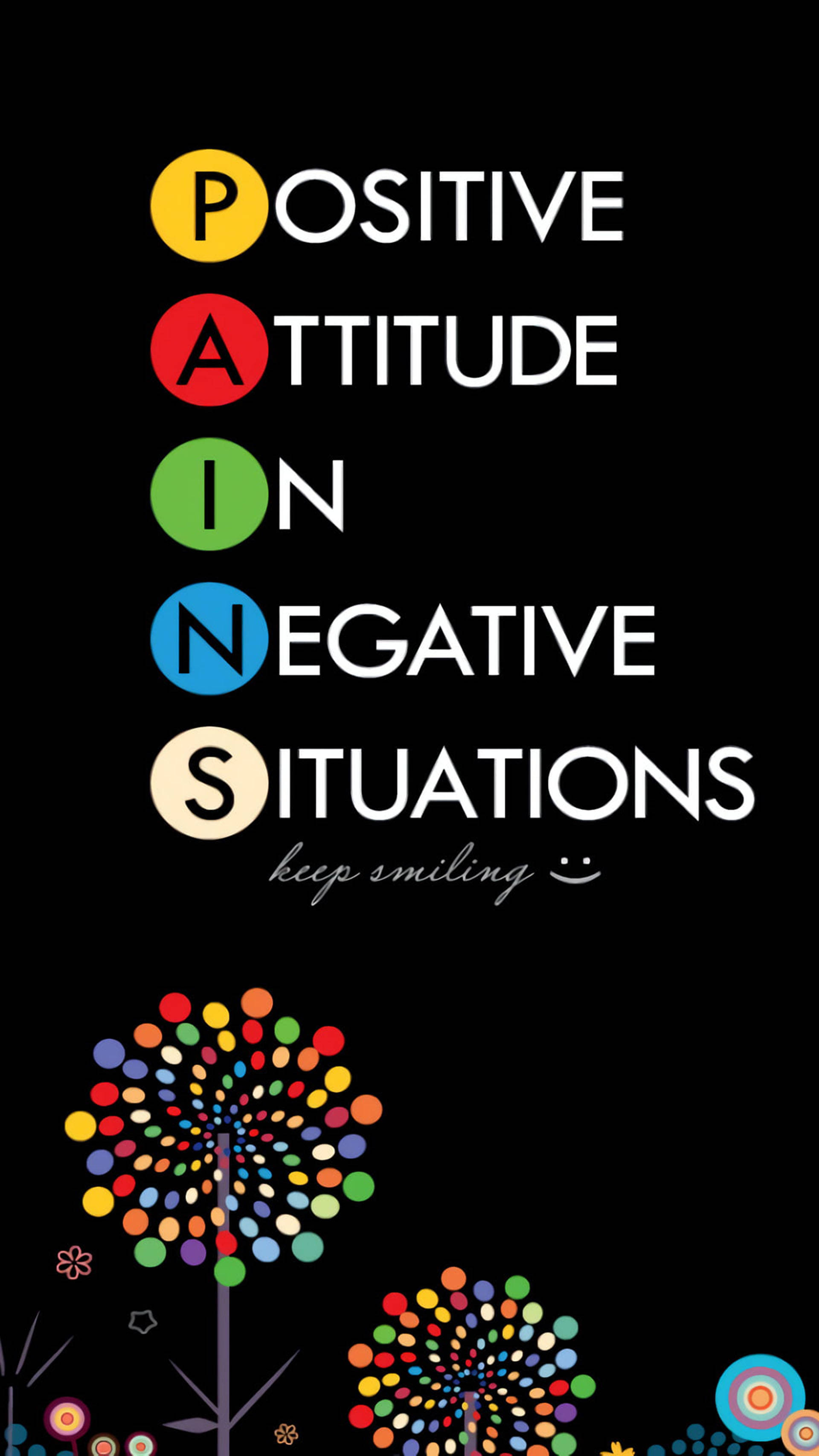 Pain Quote Acronym, black background, cheerful dandelion-like graphics, 2K Phone Wallpaper