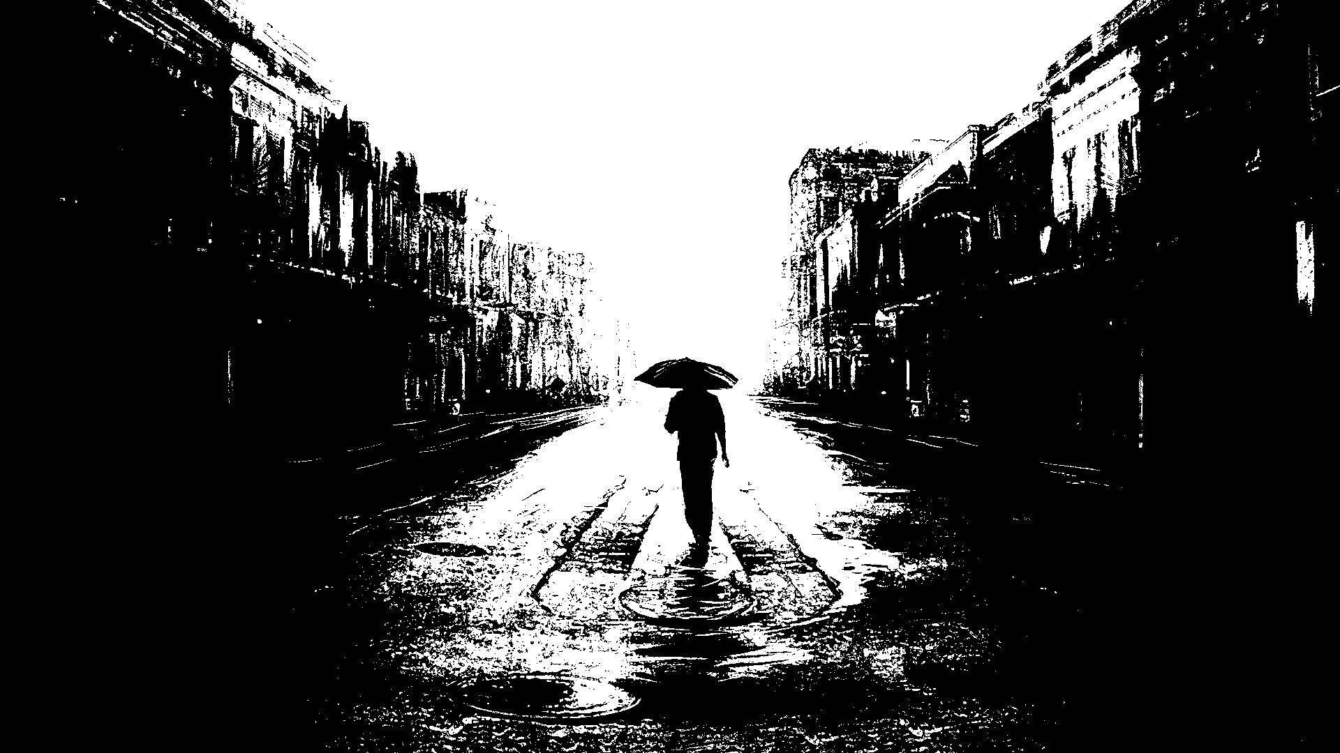 Pain, black and white, rain-slicked city street, Full HD Desktop Wallpaper