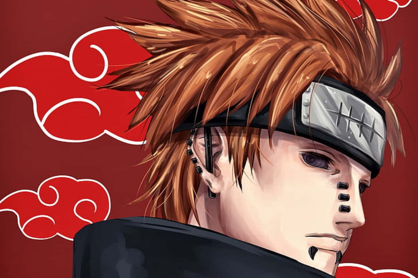 Pain Rinnegan, spiky orange hair, red cloud background, HD Desktop Wallpaper
