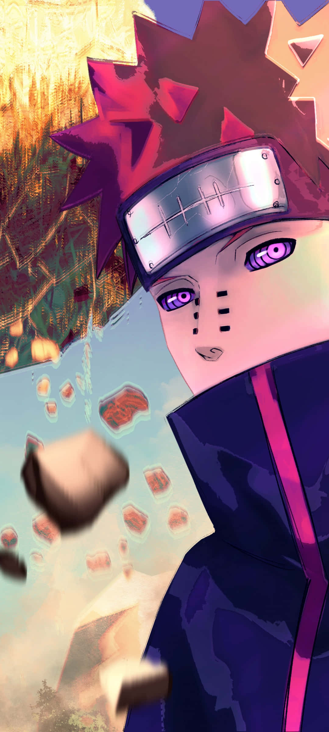 Pain Rinnegan, spiky purple hair, glowing purple eyes, Full HD Phone Wallpaper