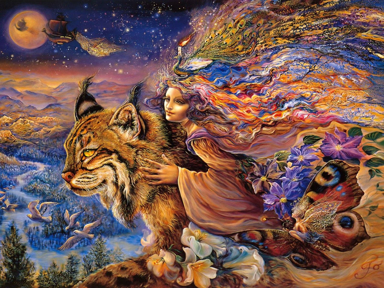 lynx, rainbow hair, starry sky, HD Desktop Wallpaper