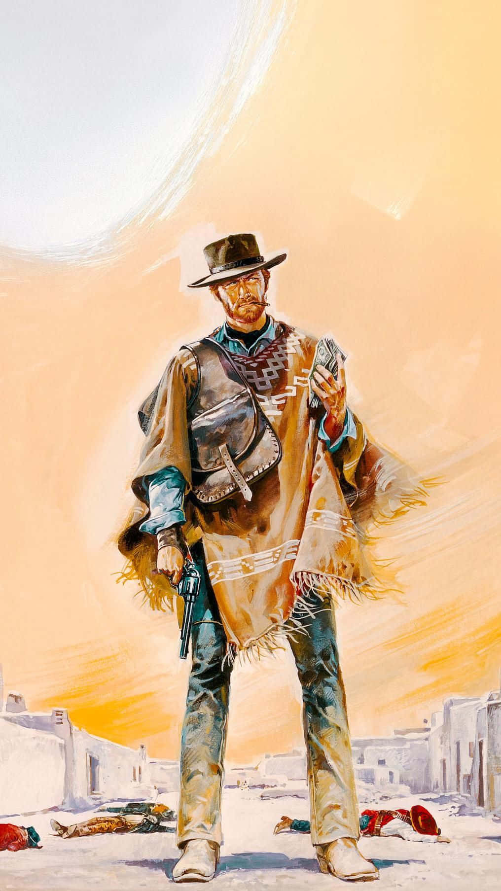 cowboy, dusty western town, gun, HD Phone Wallpaper