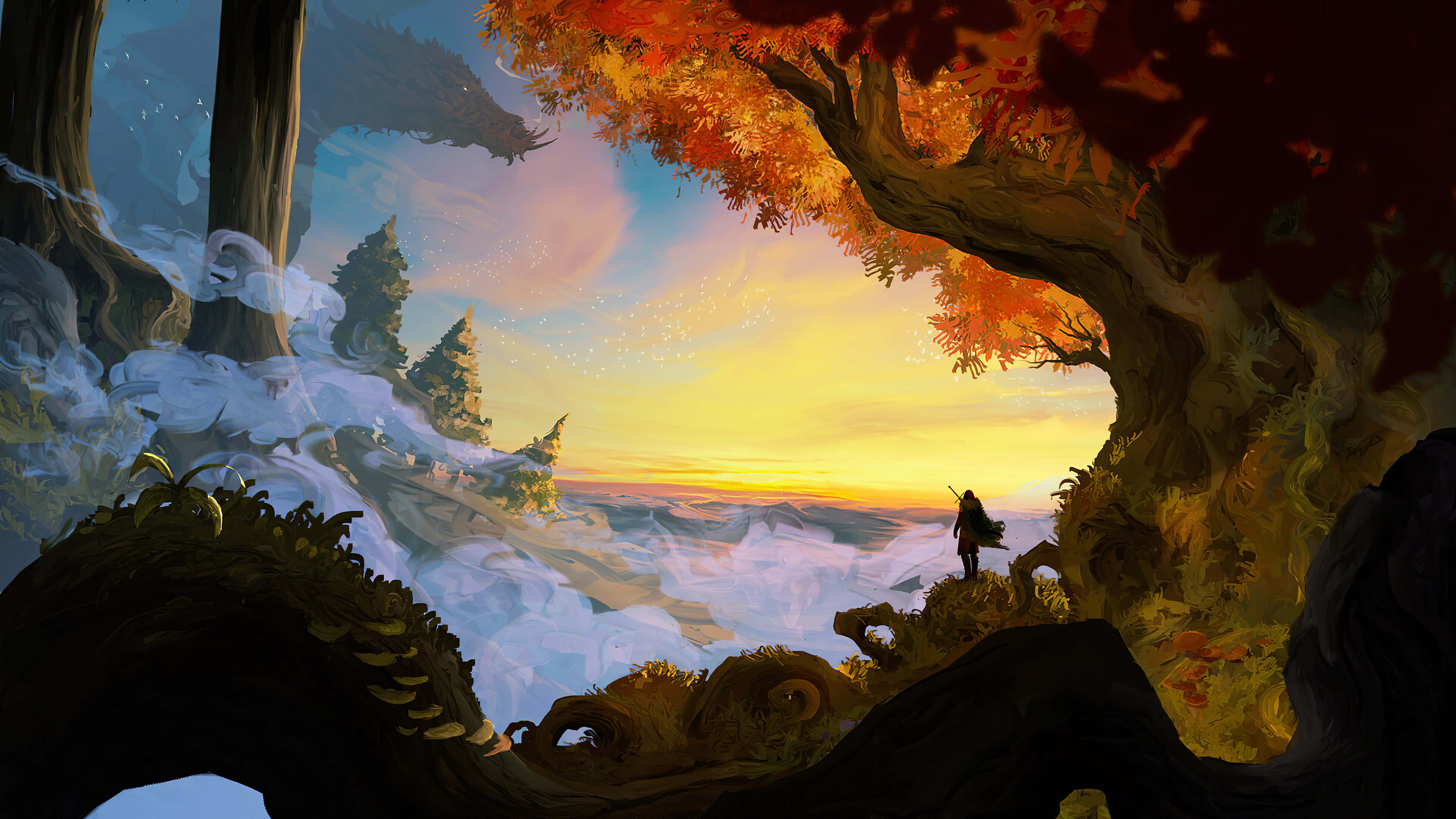 fantasy 4K painting, mossy cliff, fiery autumn tree, 4K Desktop Wallpaper