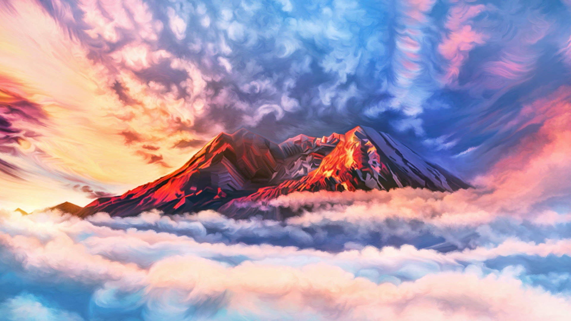 mountain peak, fluffy clouds, vibrant sunset sky, Full HD Desktop Wallpaper