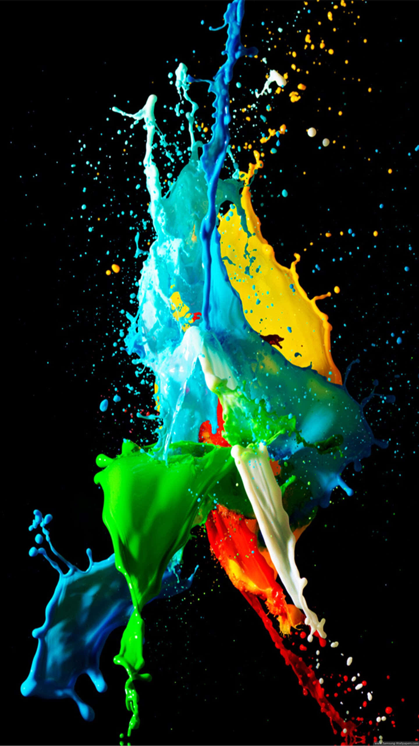 iPhone X OLED, vibrant paint splashes, stark black background, 2K Phone Wallpaper