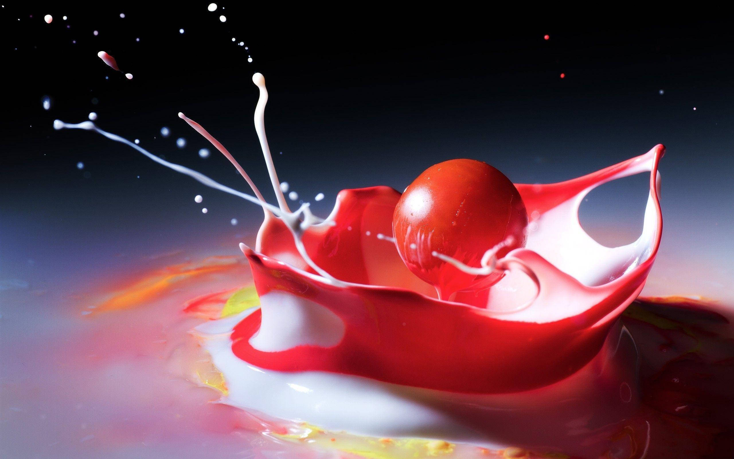glossy red cherry, swirling red and white liquid, dramatic splashes, 2K Desktop Wallpaper