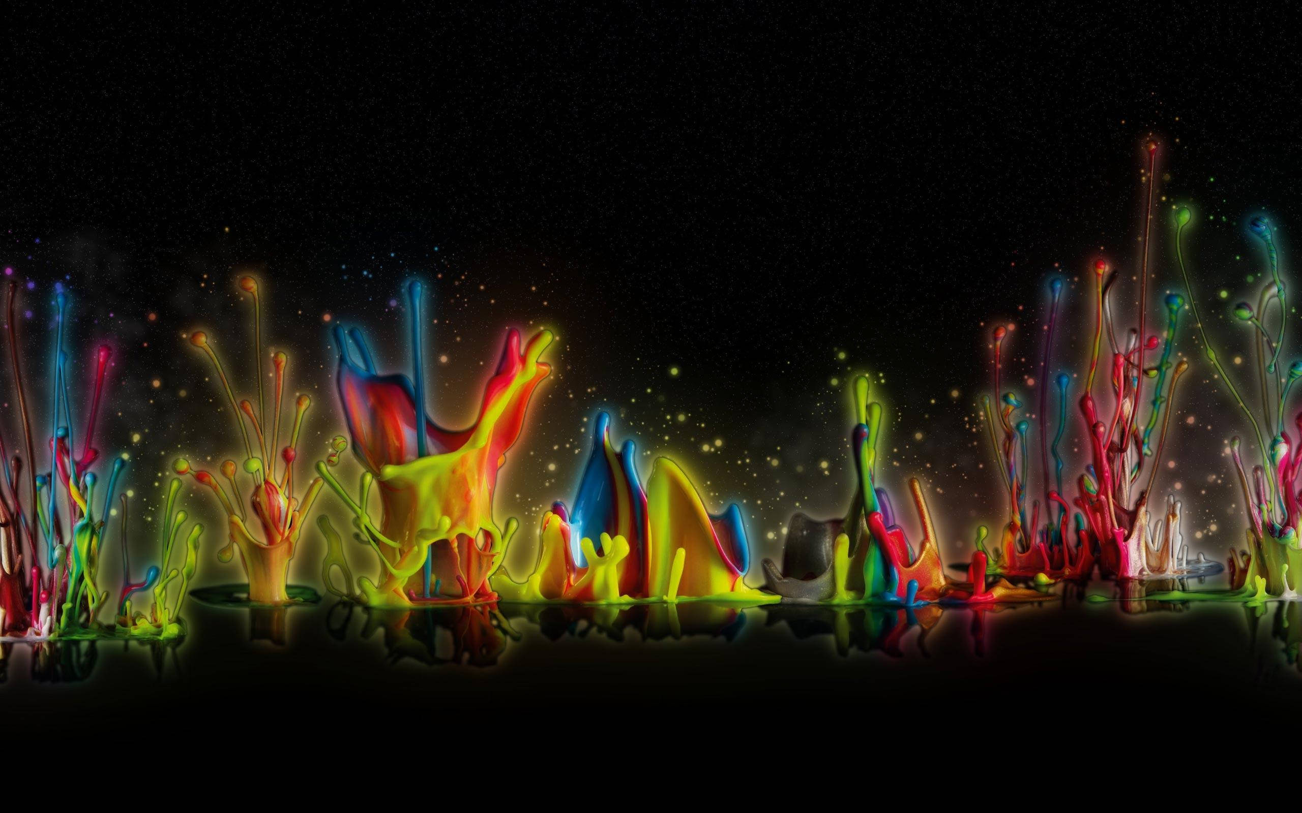 Vibrant Brushstrokes of Color, neon paint splashes, dark surface, 2K Desktop Wallpaper