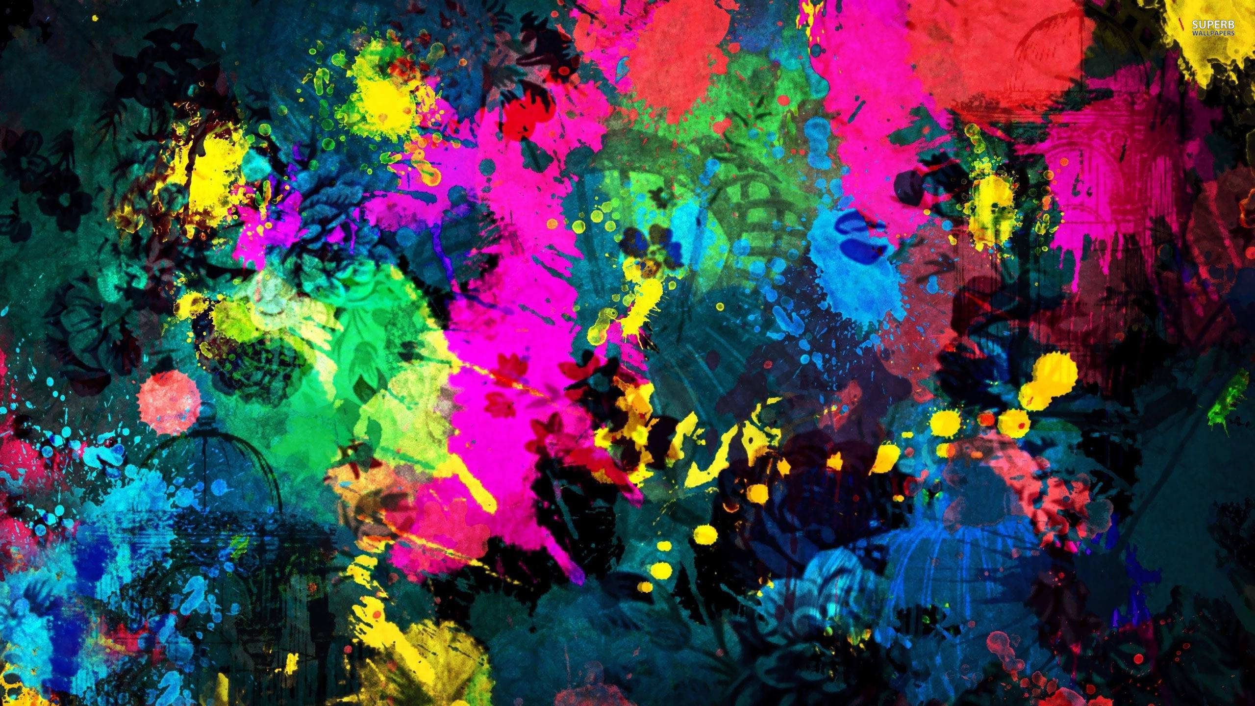 Bright Paint Splatter Aesthetic, neon paint splatters, dark teal background, 2K Desktop Wallpaper