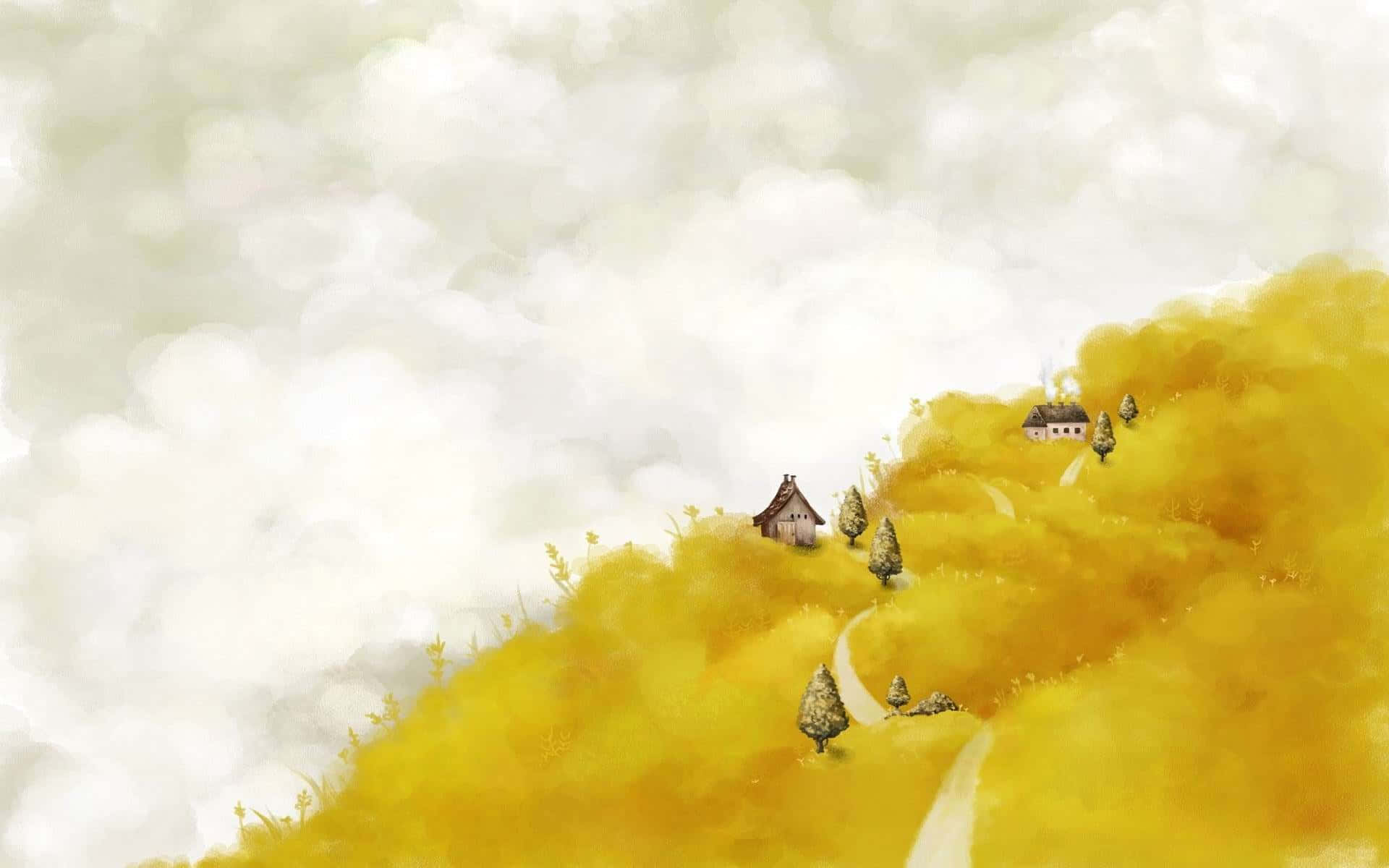 yellow aesthetic desktop, mountain painting art, golden hills, Full HD Desktop Wallpaper