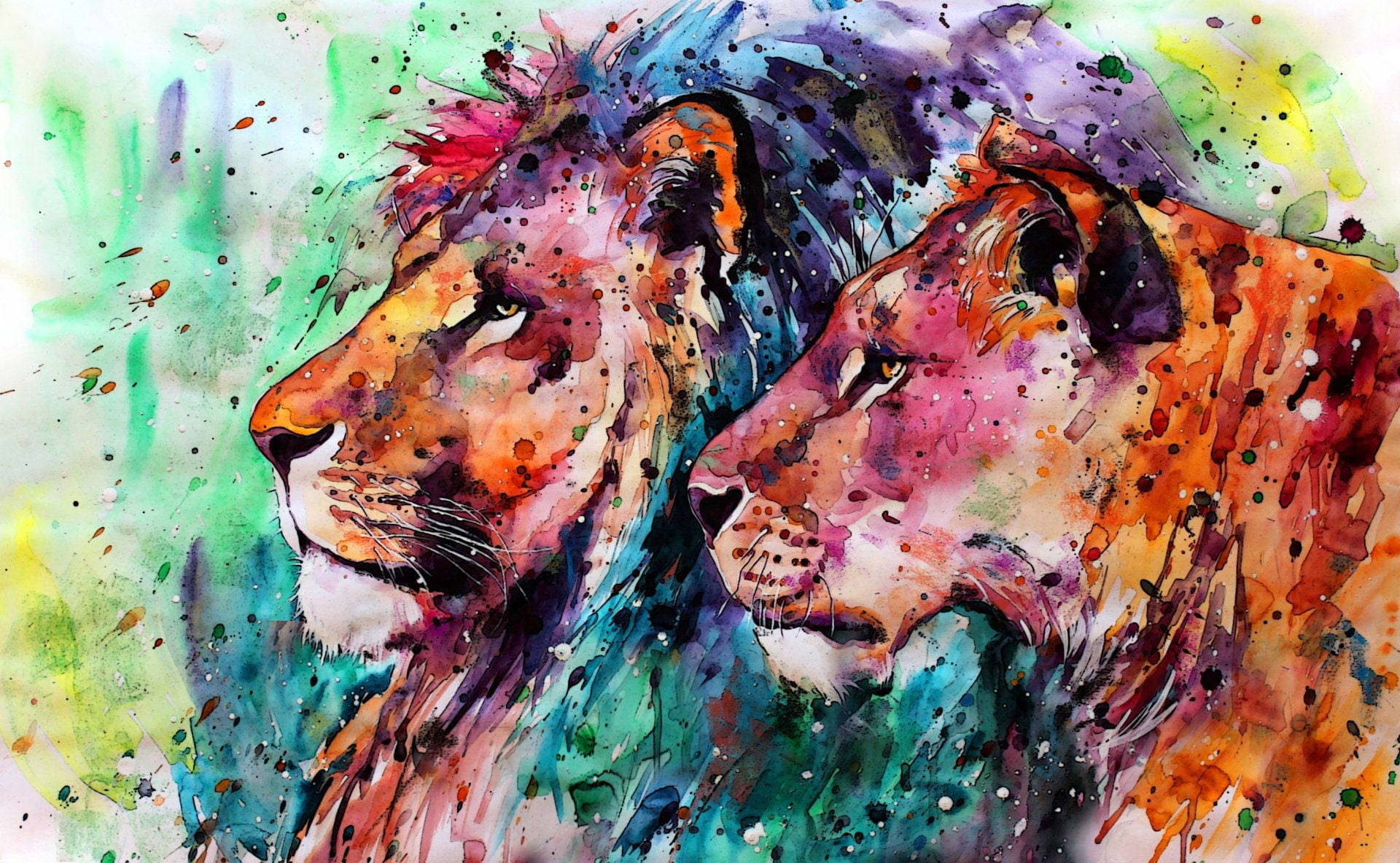 lions, vibrant watercolor painting, male and female lion, Full HD Desktop Wallpaper