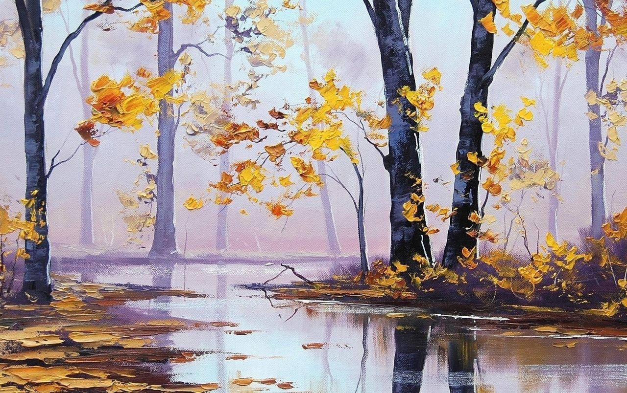 autumn river, misty autumn forest, golden leaves, HD Desktop Wallpaper