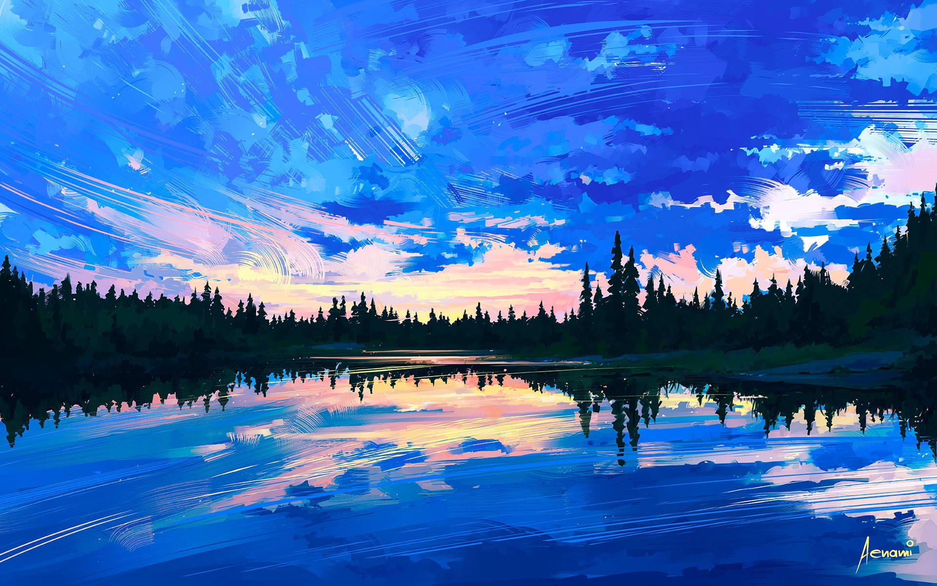 blue sunset, pink clouds, calm waters, Full HD Desktop Wallpaper