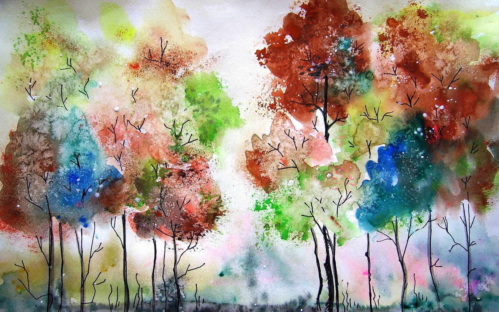 colorful trees, watercolor, autumn hues, Full HD Desktop Wallpaper