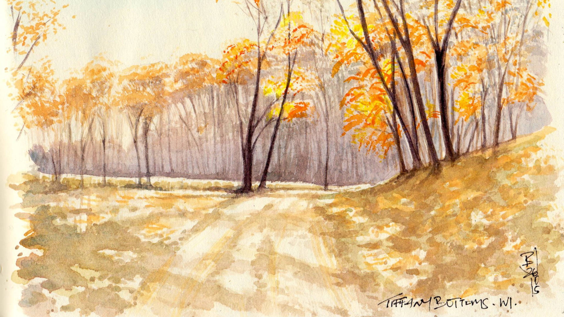 yellow trees, watercolor painting, winding dirt path, Full HD Desktop Wallpaper