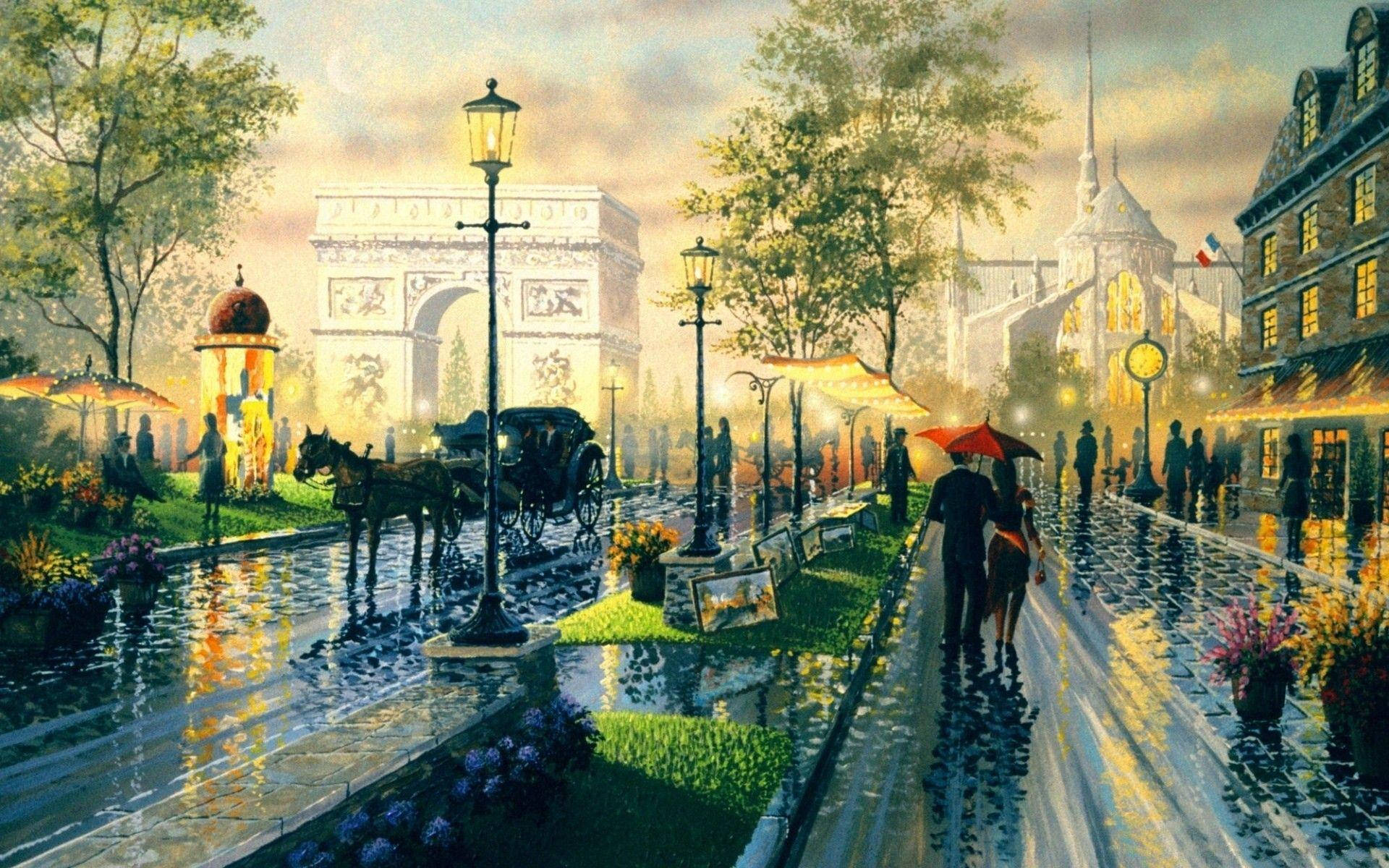 Parisian street scene, dusk, rain, Full HD Desktop Wallpaper