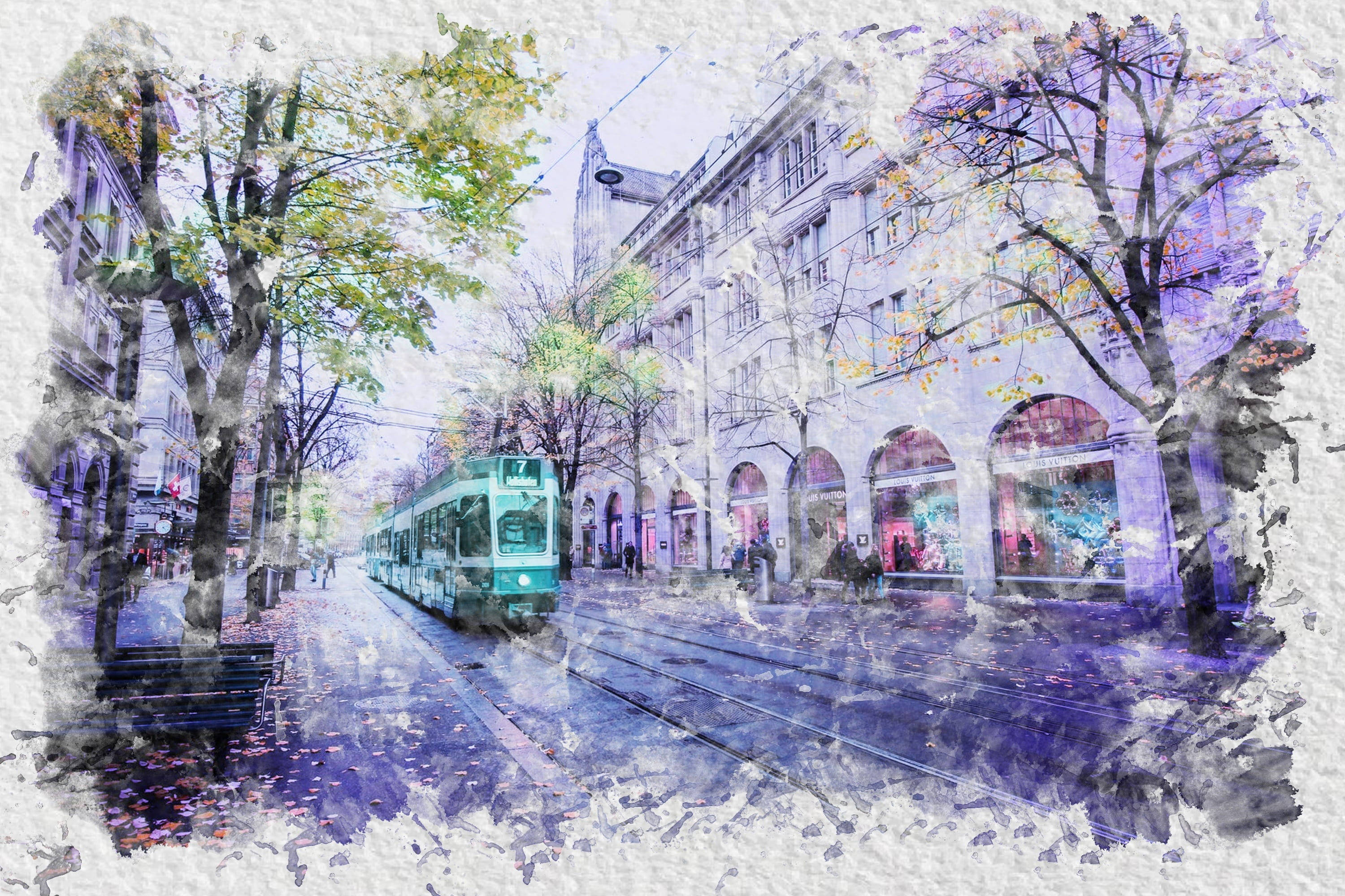 green tram, urban street scene, autumn trees, 2K Desktop Wallpaper