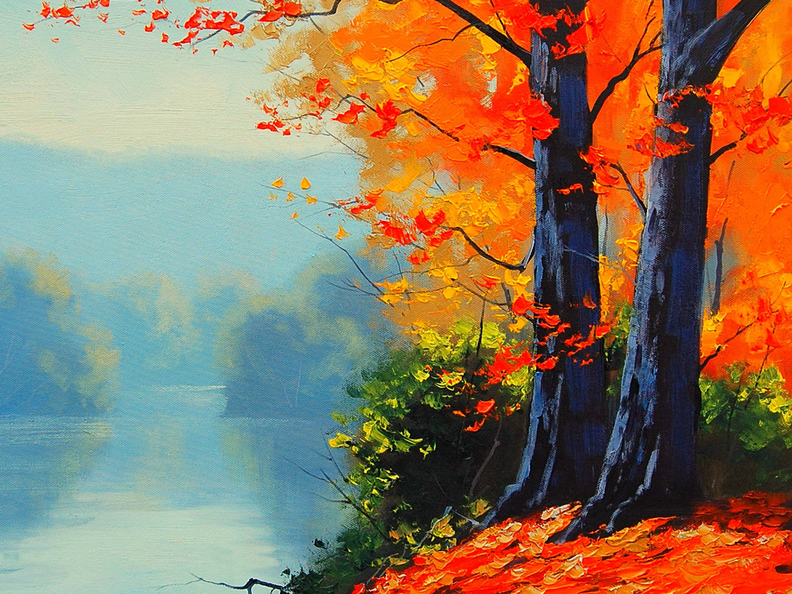 autumn trees, fiery orange leaves, calm lake, 2K Desktop Wallpaper