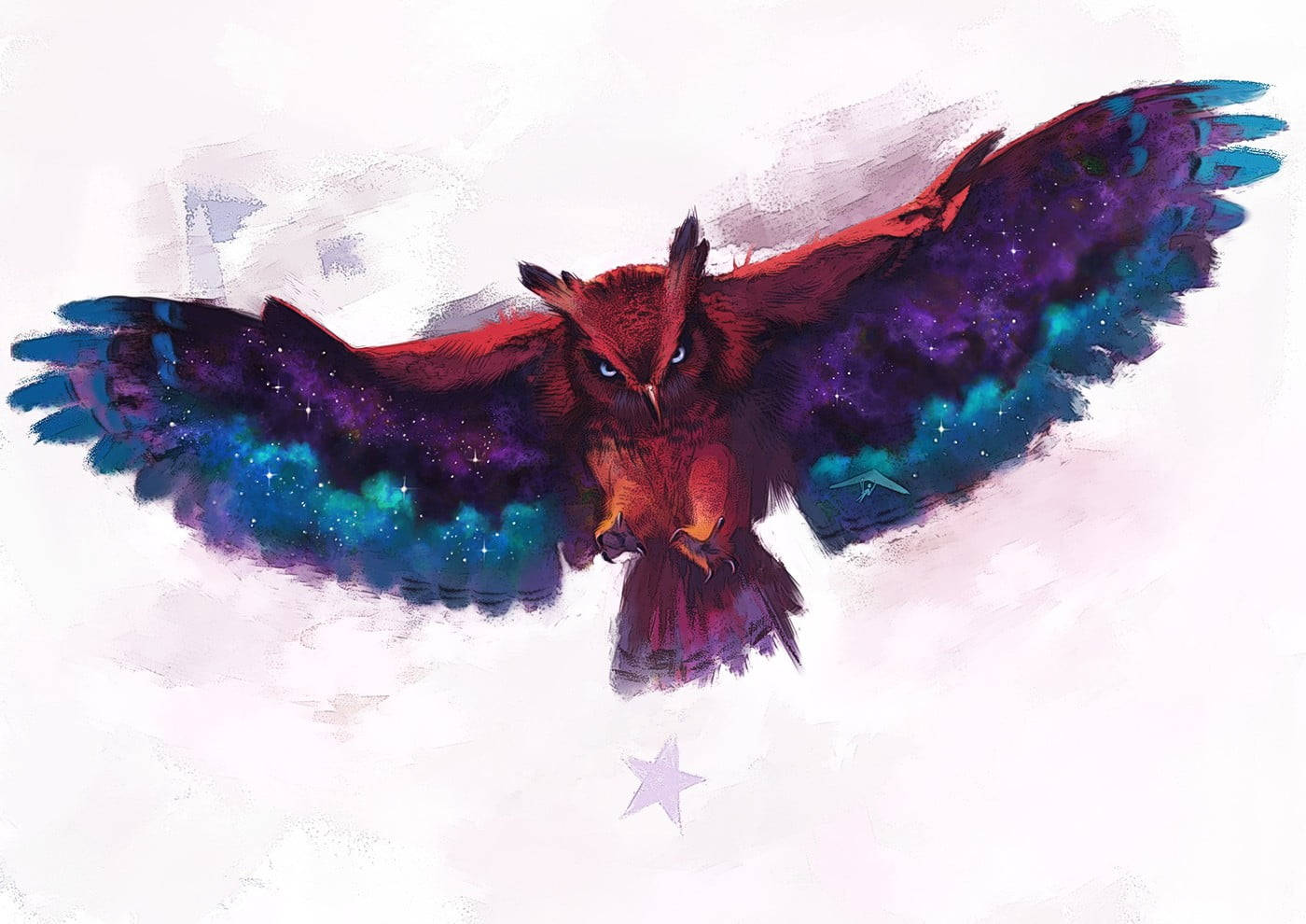 colorful owl, galaxy-streaked wings, soft white sky, HD Desktop Wallpaper