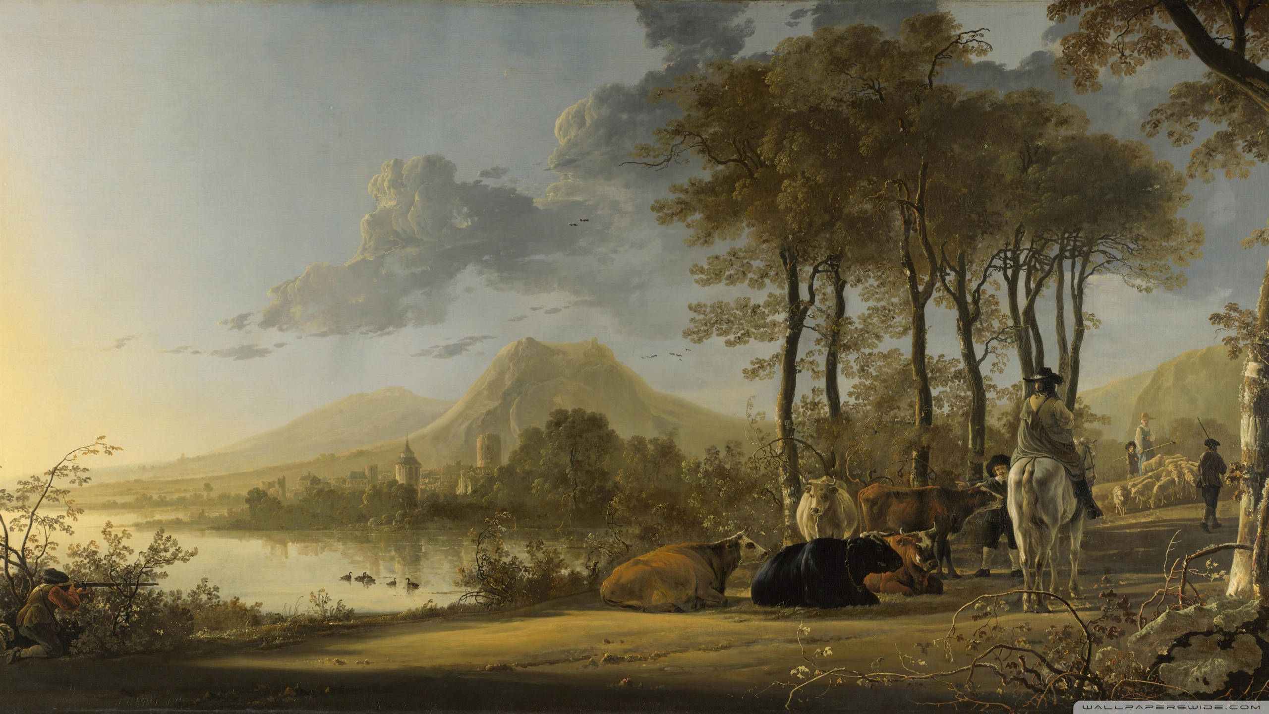 18th century, pastoral scene, cows, 2K Desktop Wallpaper