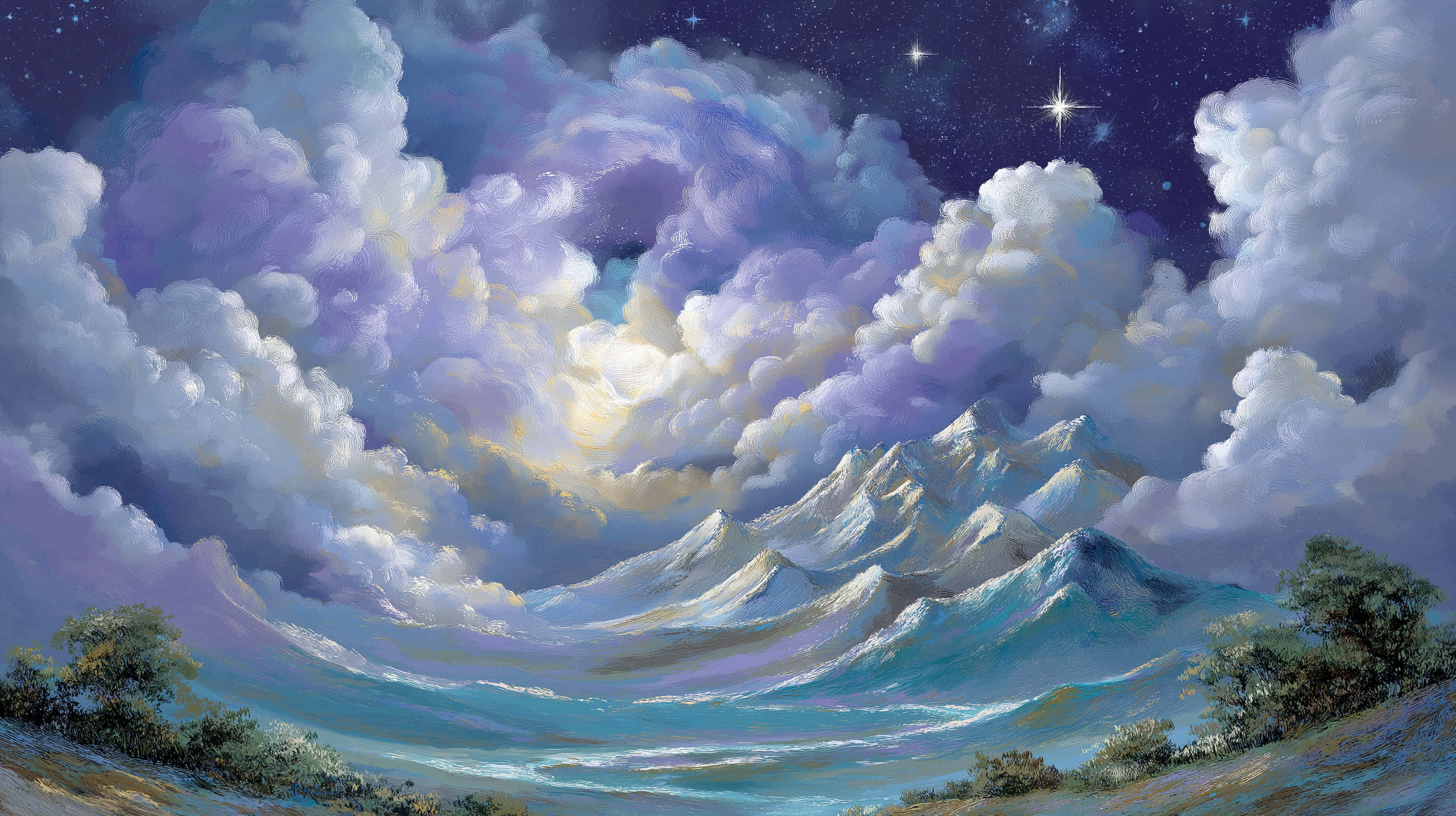 starry night sky, swirling purple and white clouds, majestic mountain range, 2K Desktop Wallpaper