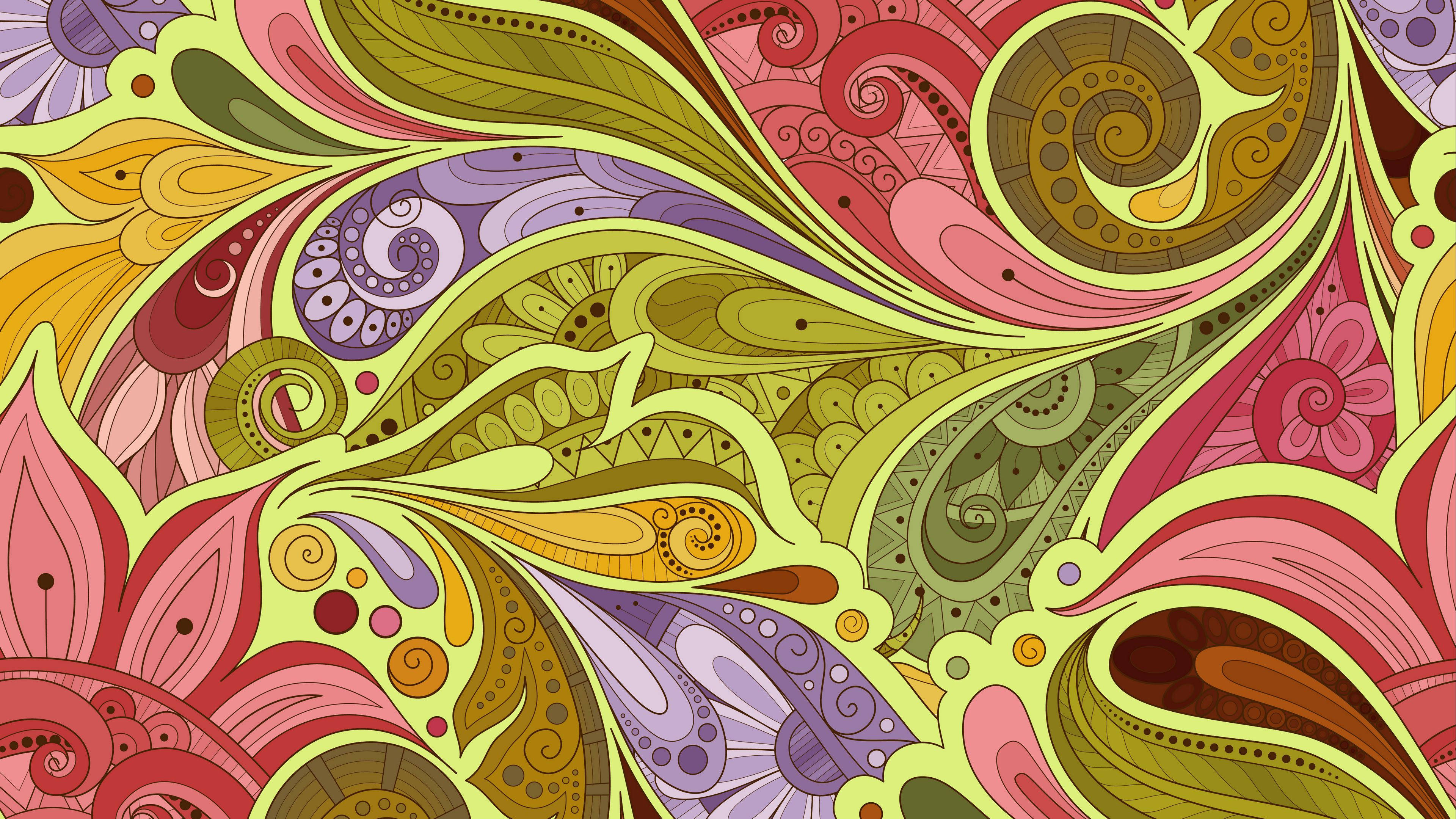 4K Doodle Floral Pattern, paisley patterns, warm hues, 4K Desktop Wallpaper