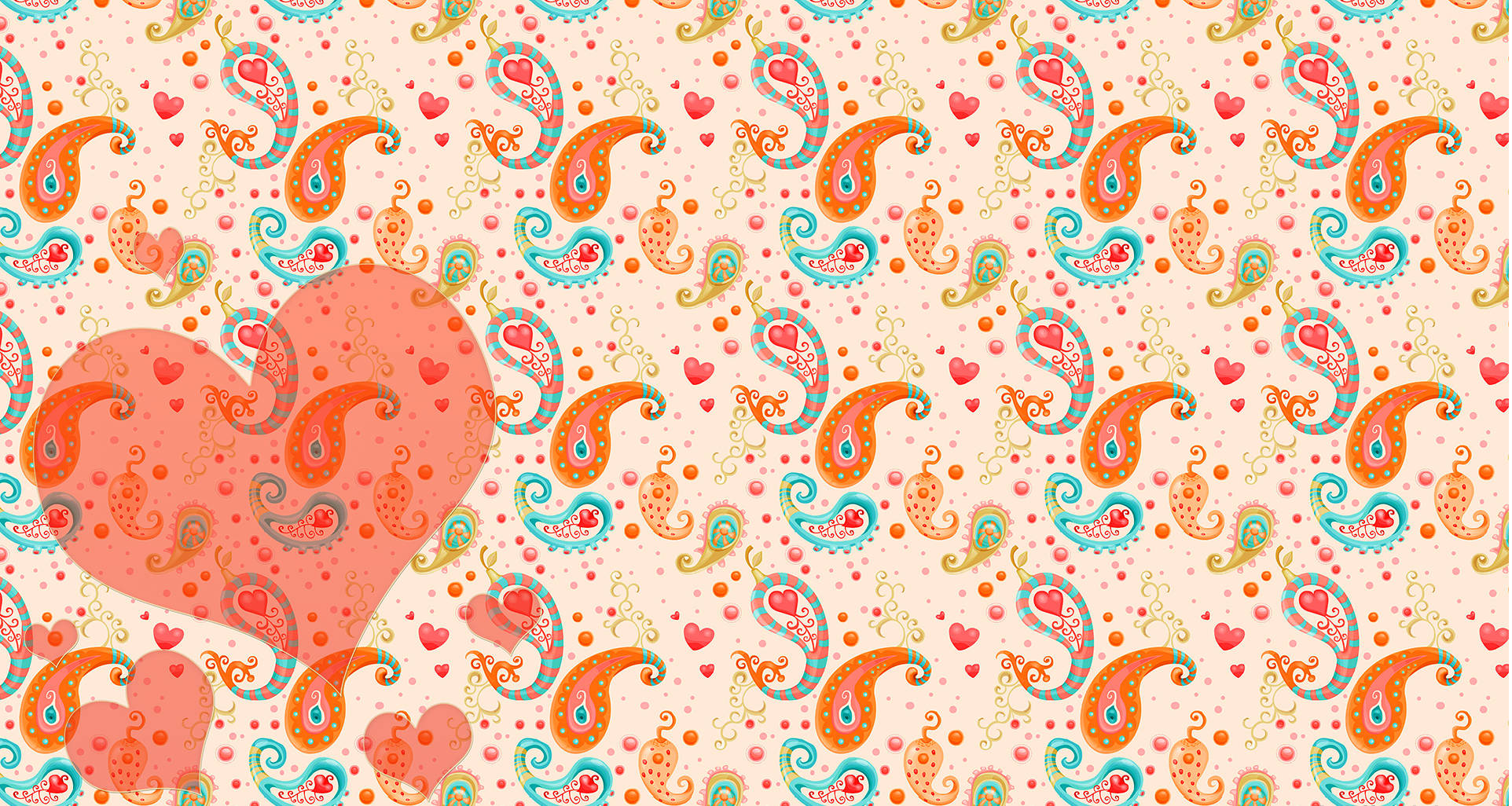 paisley print pattern, heart, orange, Full HD Desktop Wallpaper