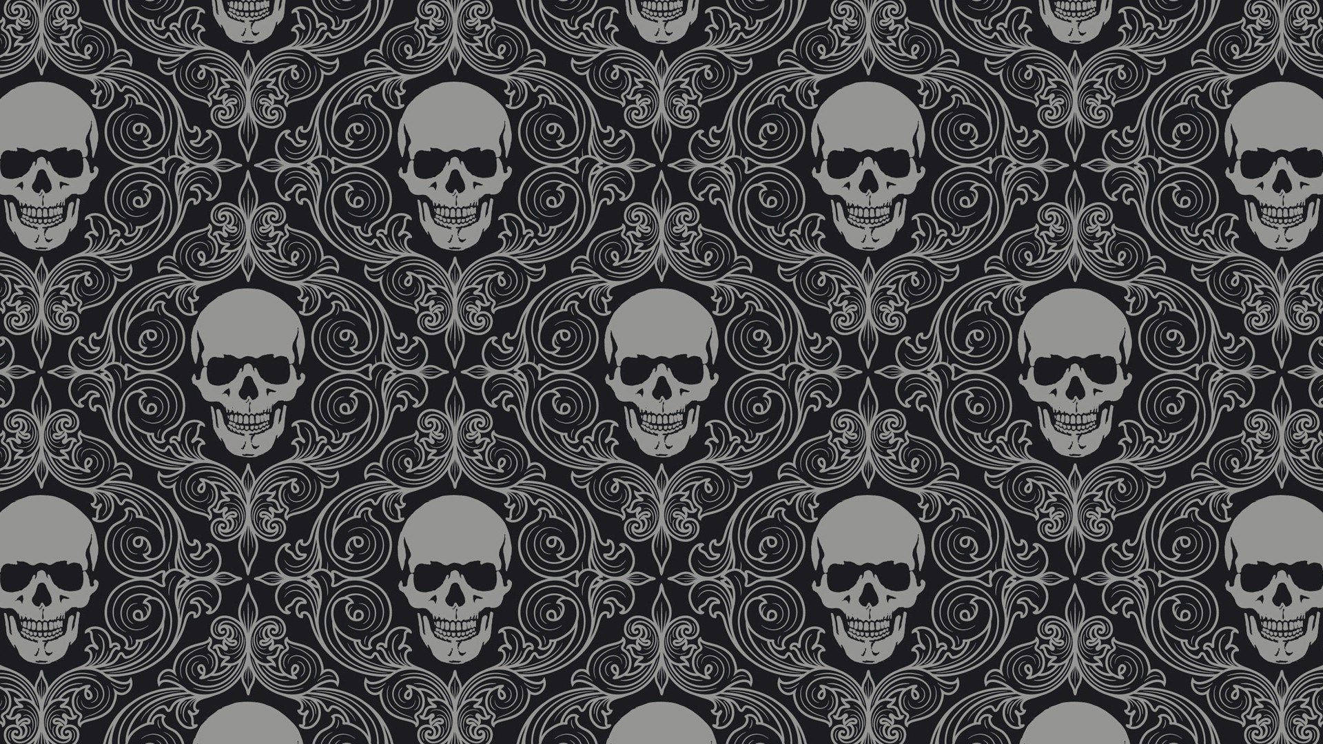 skull pattern, paisley print, black and white, Full HD Desktop Wallpaper