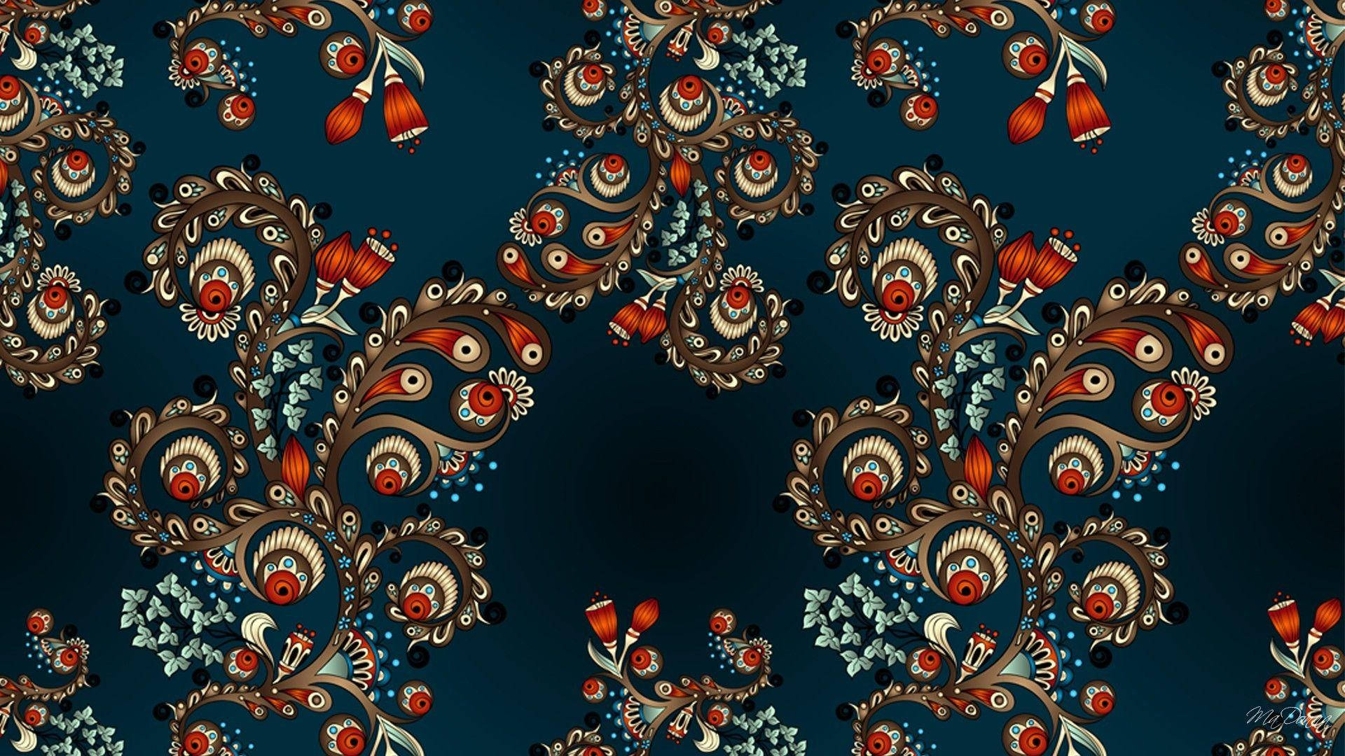 Paisley Print, dark blue, red gold, Full HD Desktop Wallpaper
