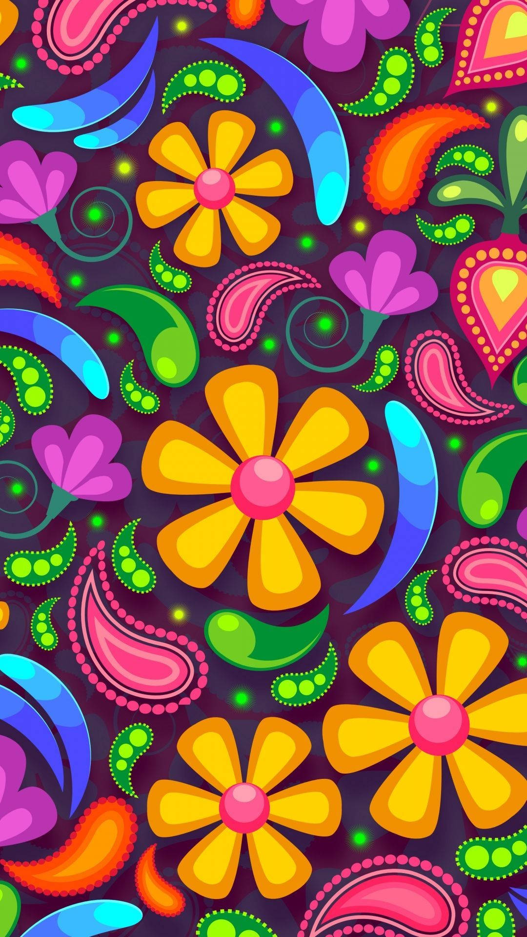 iPhone, flower paisley pattern, vibrant psychedelic pattern, Full HD Phone Wallpaper