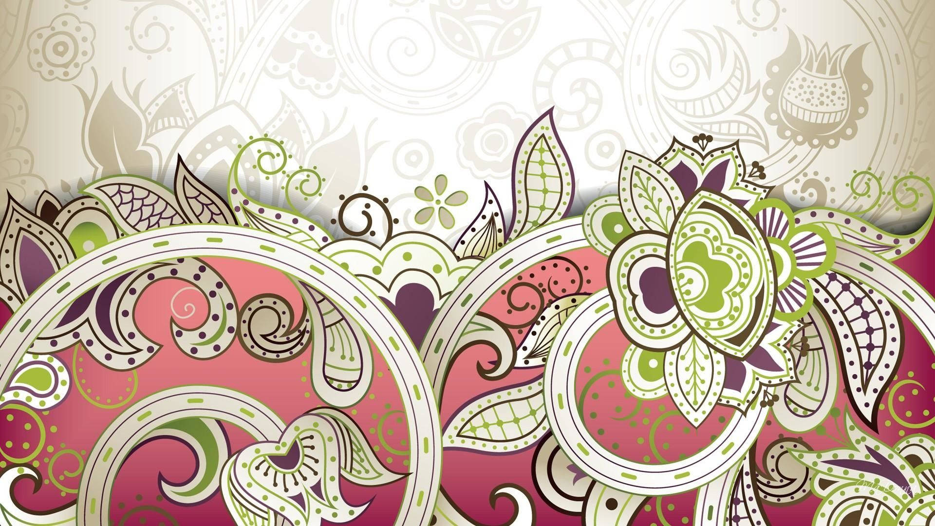 circular herb paisley print, pink, green, Full HD Desktop Wallpaper