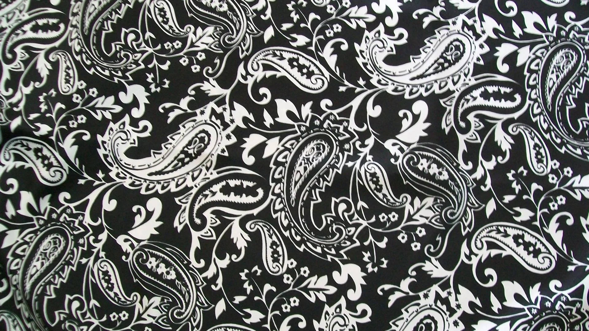 monochromatic paisley print, black fabric, white paisley patterns, Full HD Desktop Wallpaper