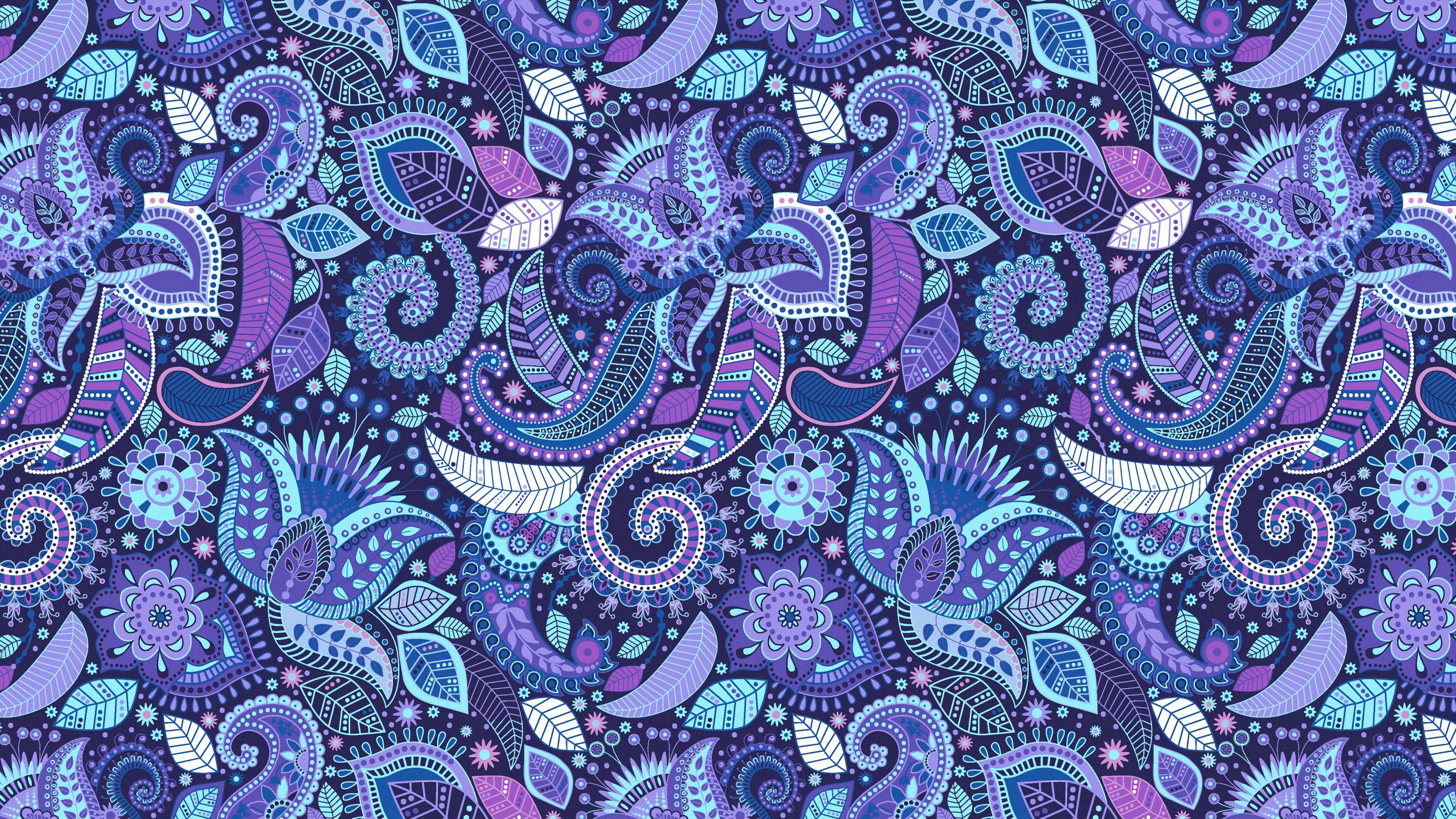 purple paisley, 4K doodle, vibrant purple and blue paisley pattern, 4K Desktop Wallpaper
