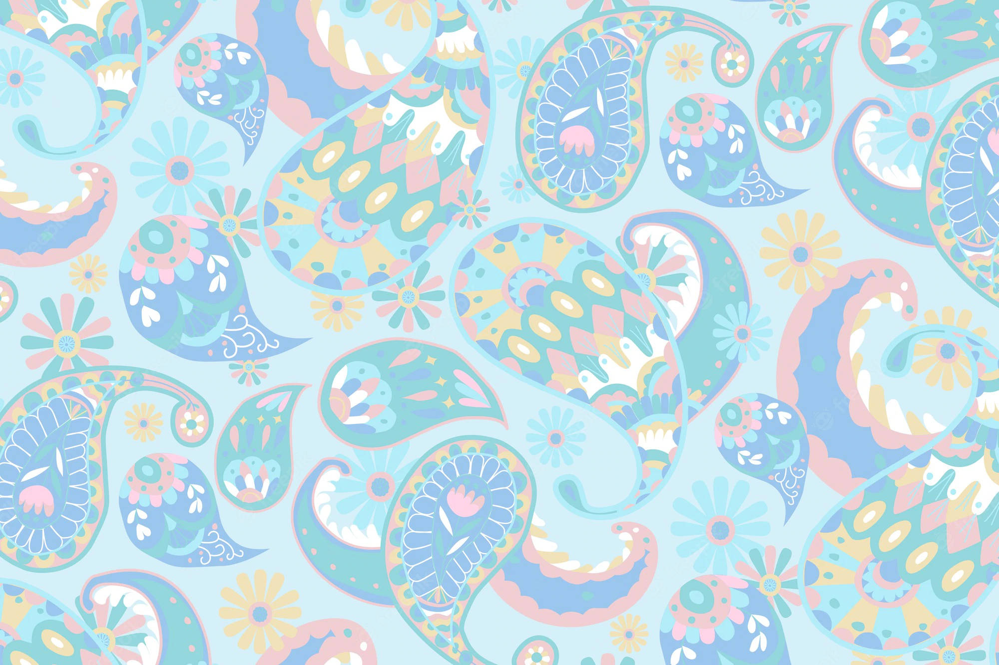 blue droplets shape paisley print, pastel-colored paisley and floral pattern, swirling teardrop shapes, Full HD Desktop Wallpaper