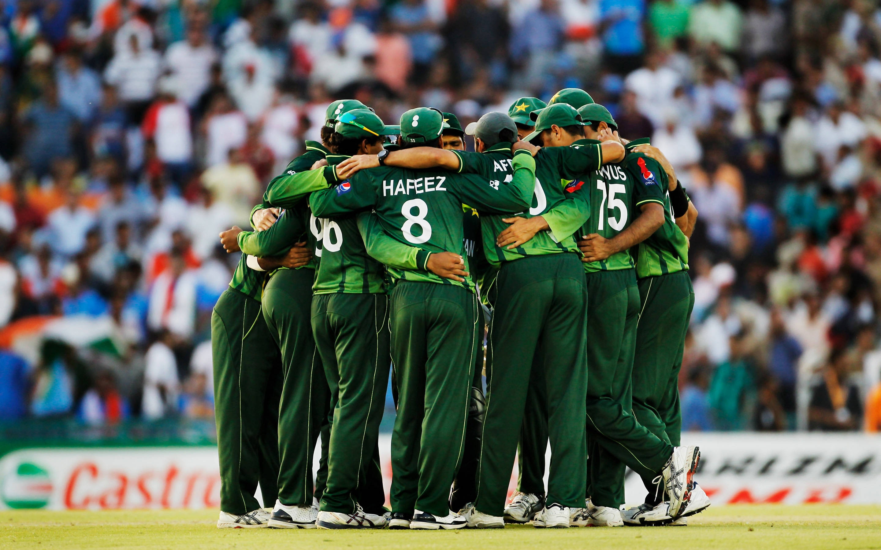 Pakistan Cricket Team, green uniforms, sunlit field, 2K Desktop Wallpaper