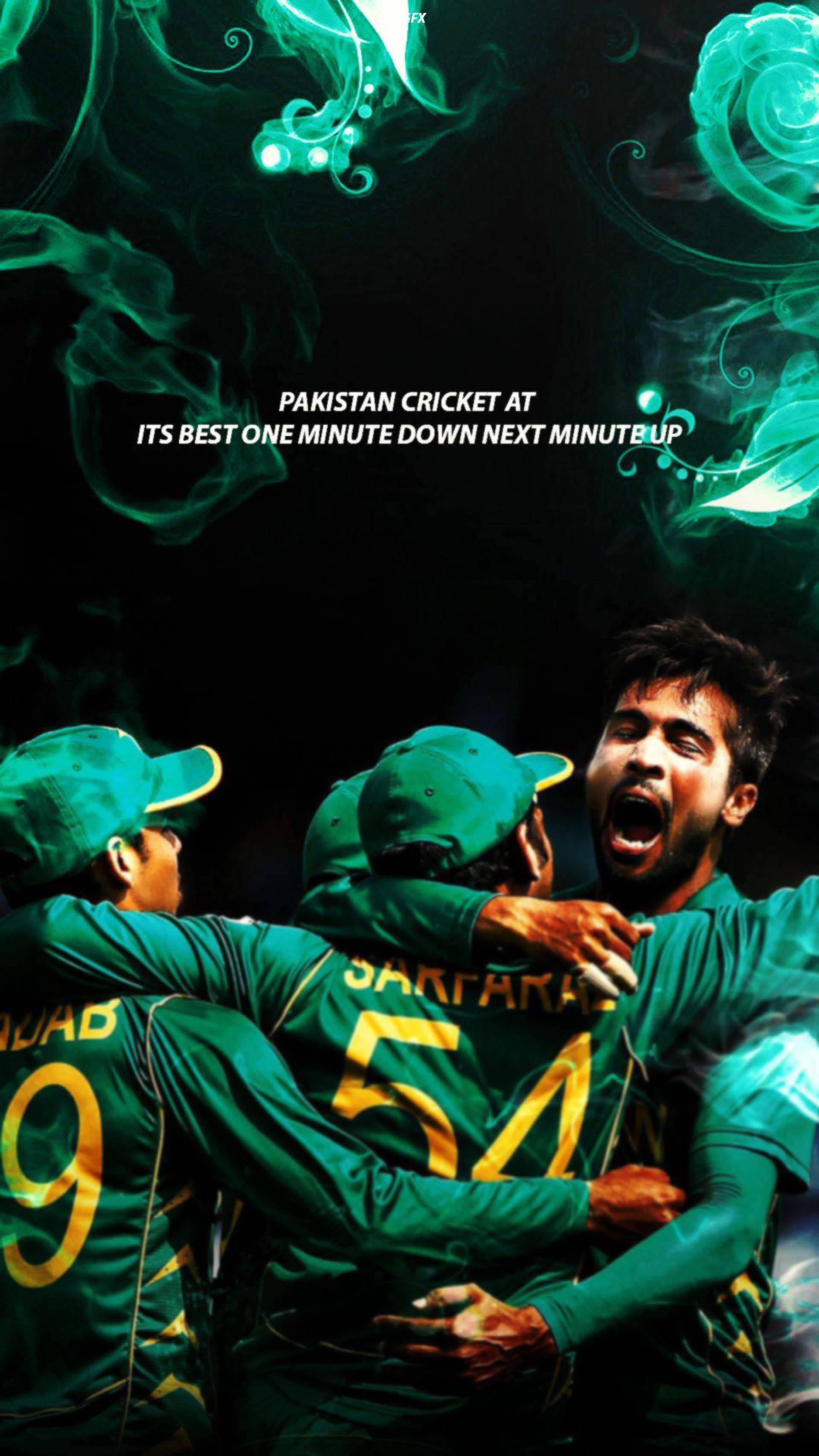 Pakistan Cricket, green jerseys, glowing teal smoke swirls, 2K Phone Wallpaper