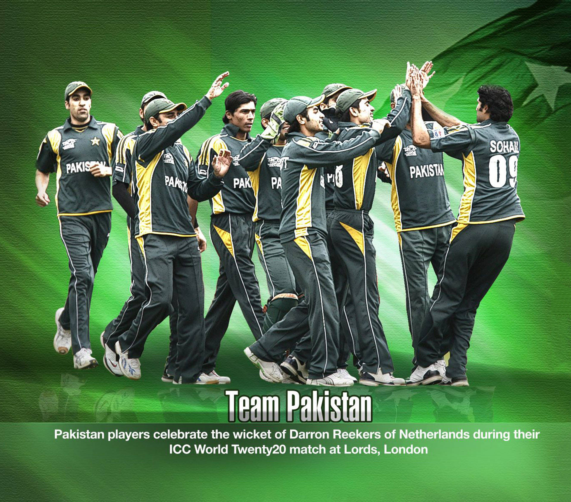 Pakistan Cricket, black and yellow uniforms, vibrant green background, Full HD Desktop Wallpaper