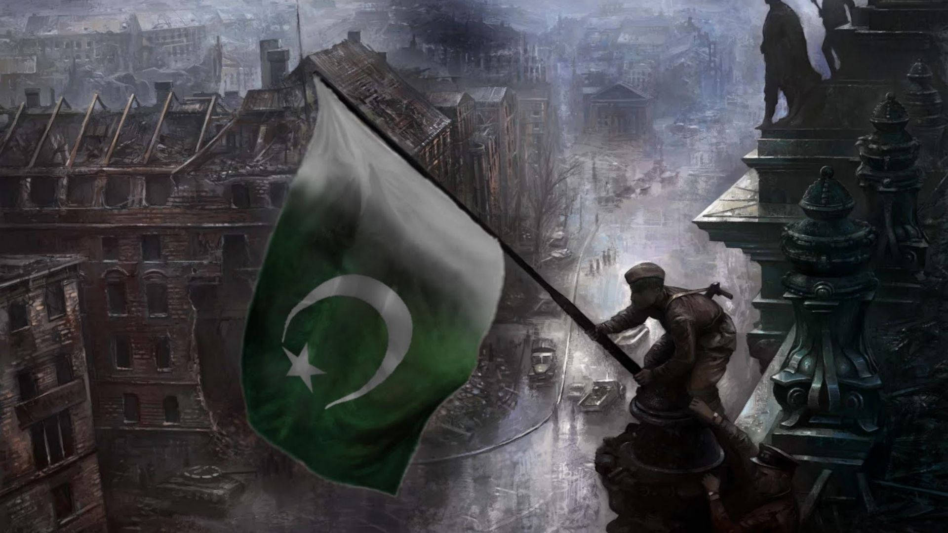 Pakistan flag, soldier, war-torn cityscape, Full HD Desktop Wallpaper