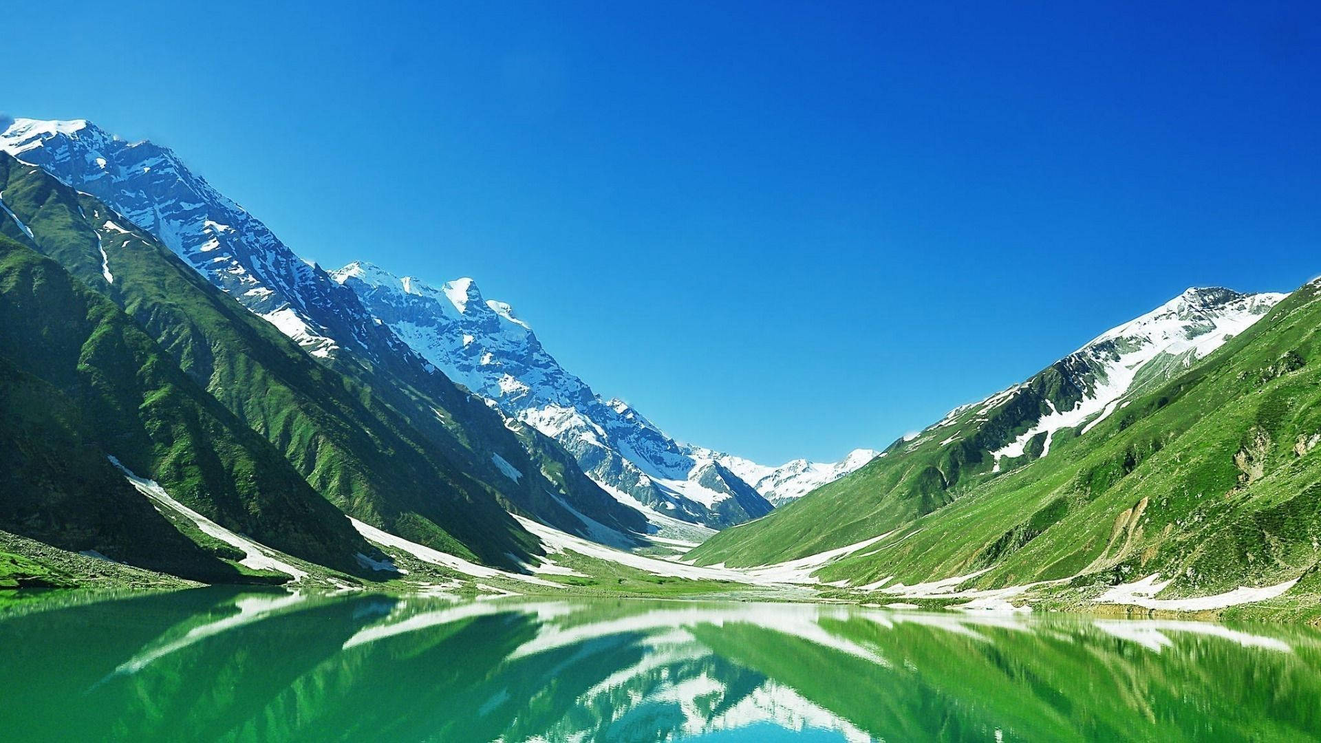 alpine lake, snowcapped peaks, clear blue sky, Full HD Desktop Wallpaper
