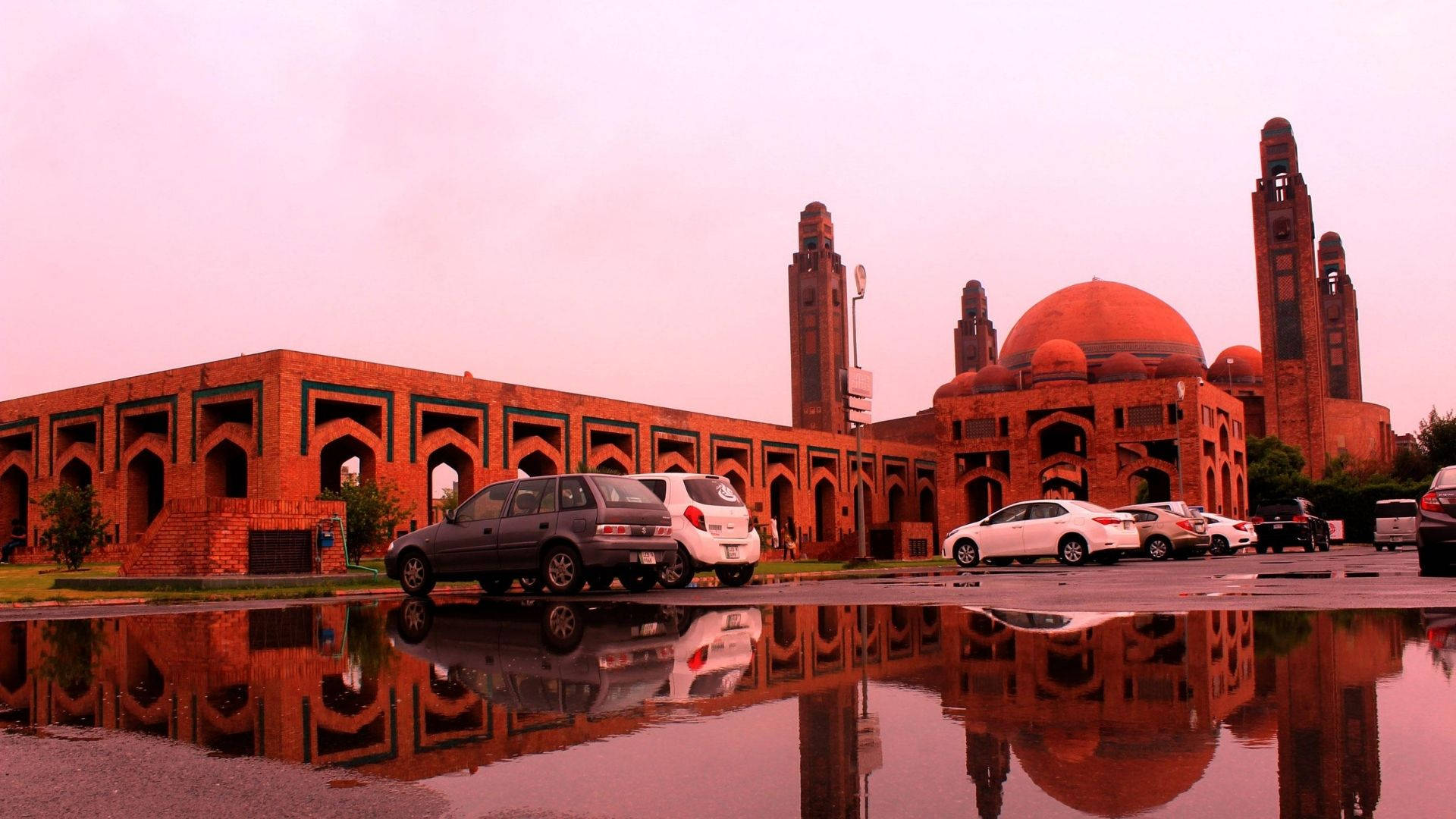 red brick mosque, domes and minarets, rain puddle, Full HD Desktop Wallpaper