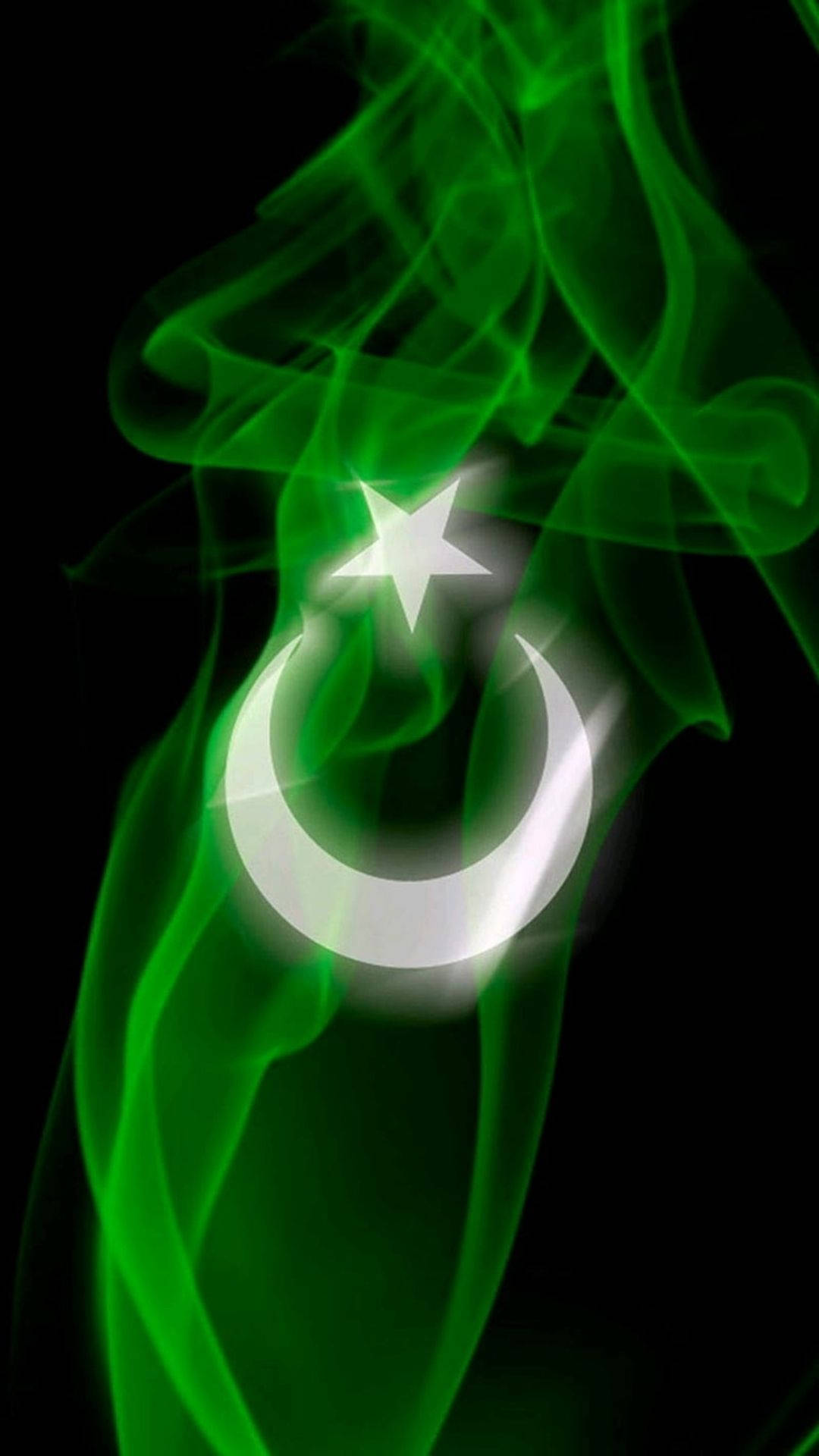 Pakistan flag emblem, swirling translucent green smoke, black background, Full HD Phone Wallpaper